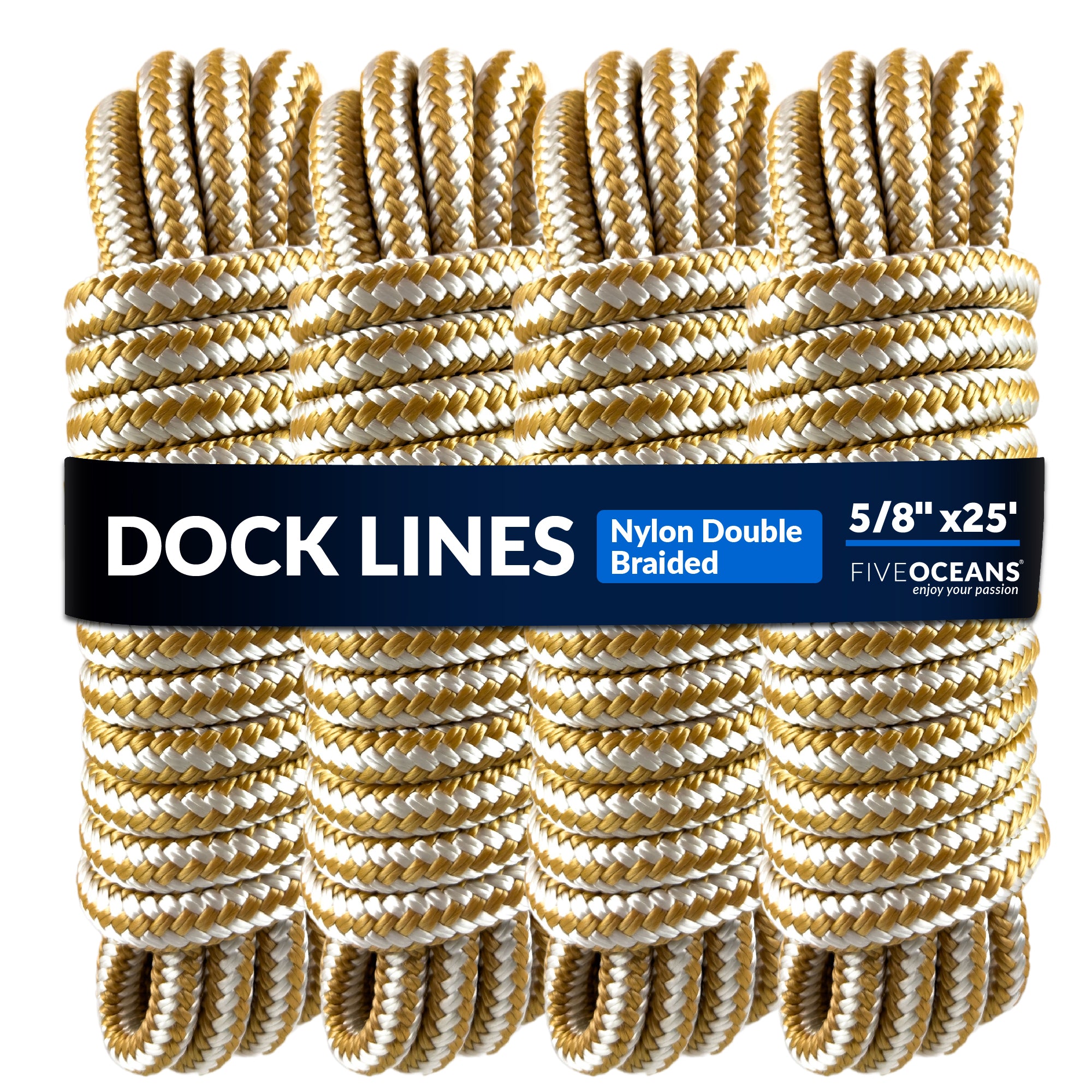 Dock Lines, 5/8 x 25', Gold/White Nylon Double Braided with 16 Eyele