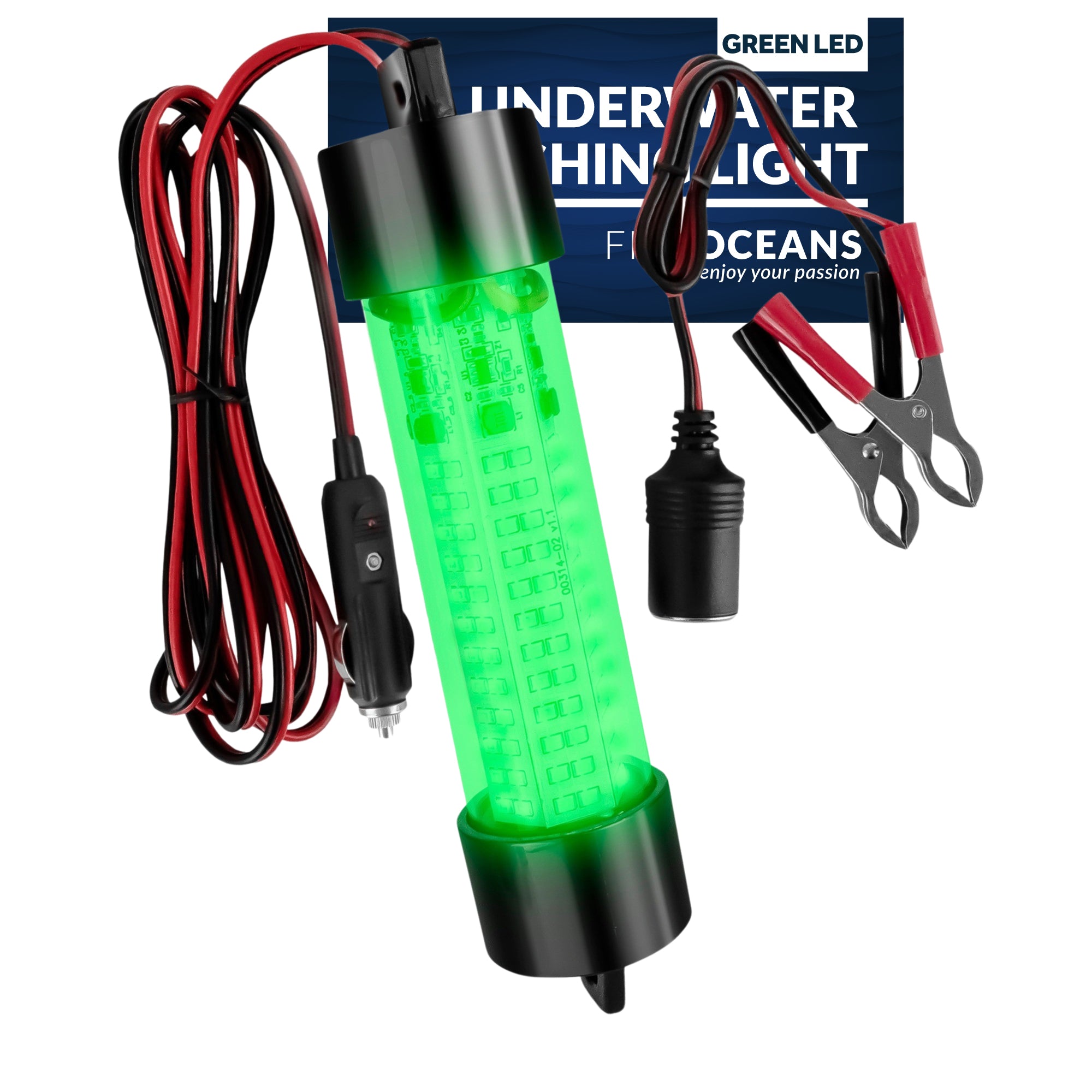 Five Oceans Fishing Light, Underwater Fishing Light, Green LED Submersible Night Fish Finder Lamp, with 17 Feet Power Cord, 144 LED's - 10-30 Volts