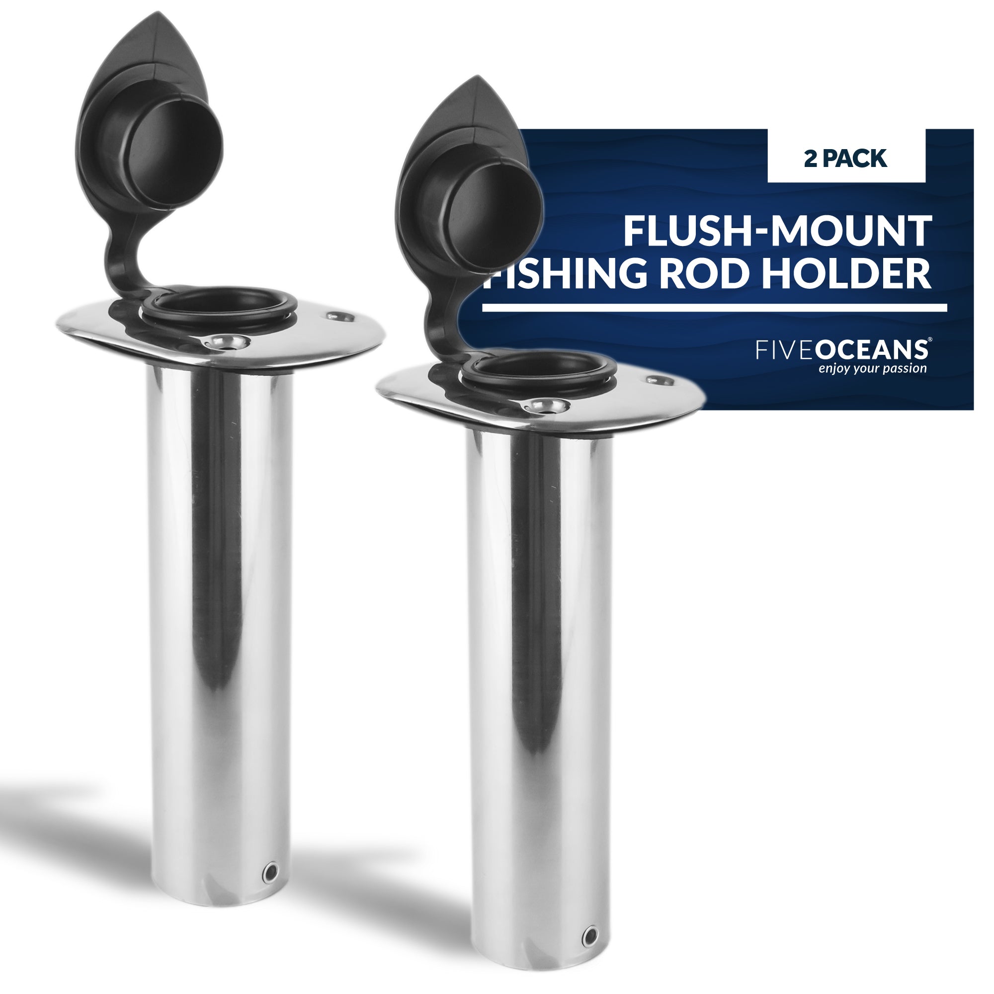 Five Oceans Flush-Mount Fishing Rod Holder 90-Degree Top Flange w/ Flip-Up Cap, Open Base End Stainless Steel (2 Pack) Fo4498-m2