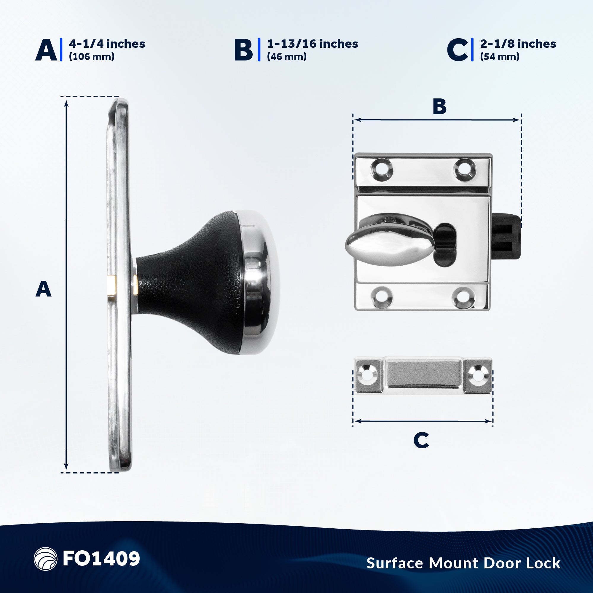 Boat Door Latch Lock, Surface Mount, Chrome Plated Finish - FO1409