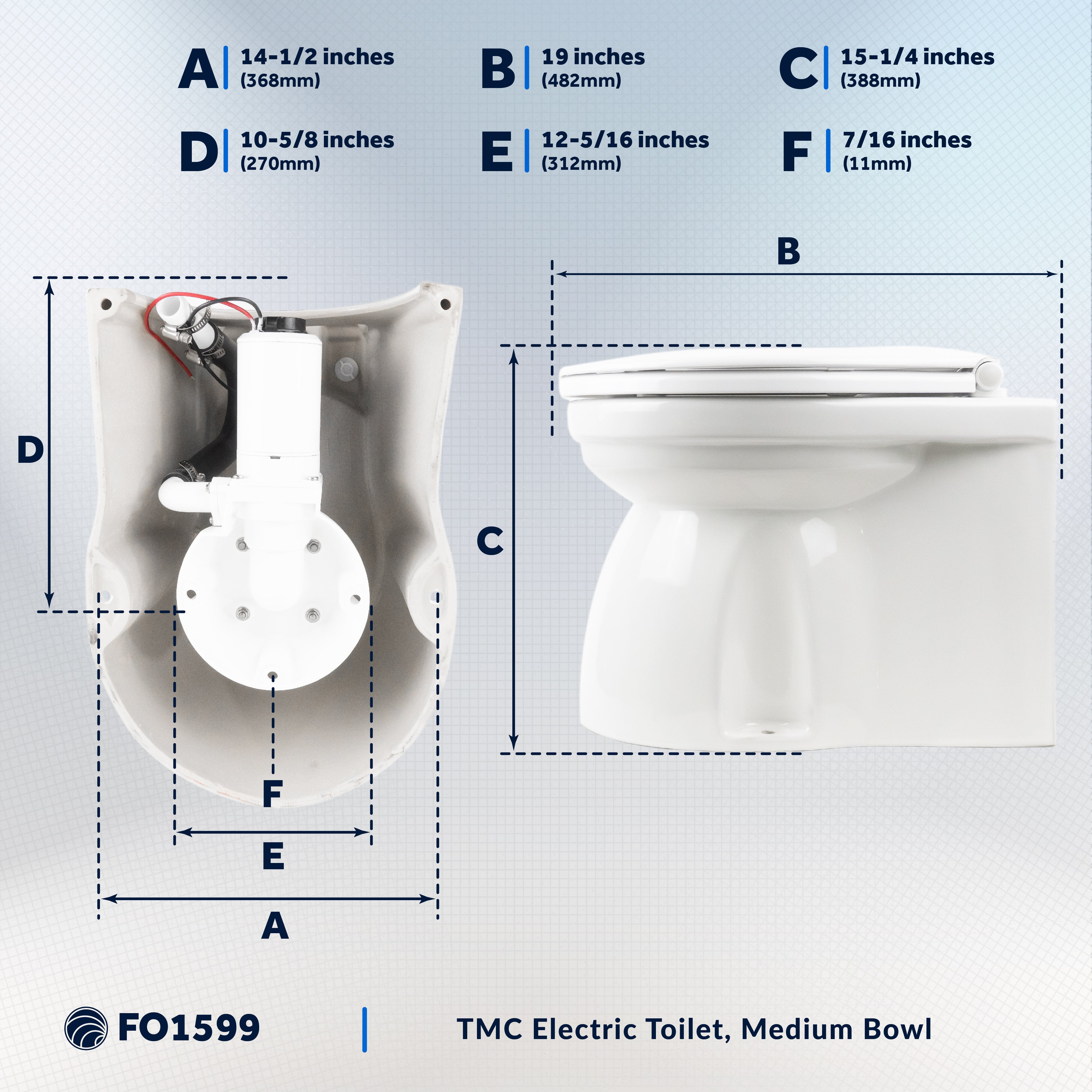 TMC Electric Toilet, Medium Bowl, Built-In Macerator Pump, 12V DC - FO1599