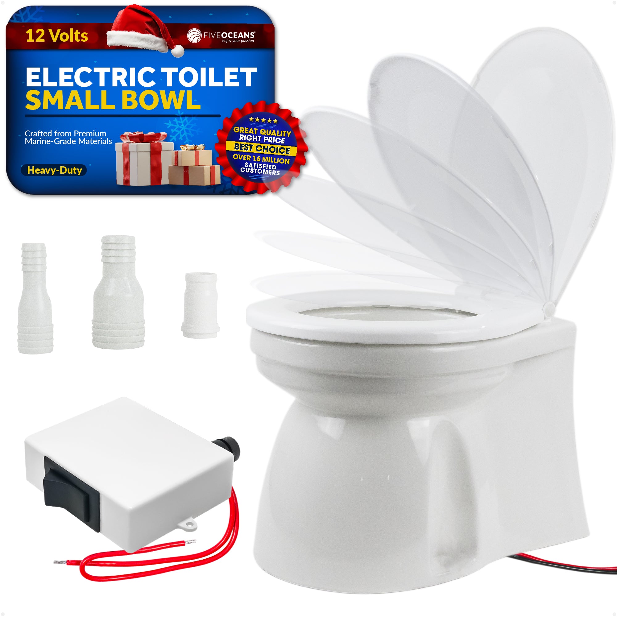 TMC Electric Marine Toilet, RV Toilet with Clamp-On Hose Connection Boat Toilet, Compact Design Bowl, Household Style Heavy-Duty Macerator Pump, On-Off Flush Control, Quiet Soft-Close Lid 12V - FO1600