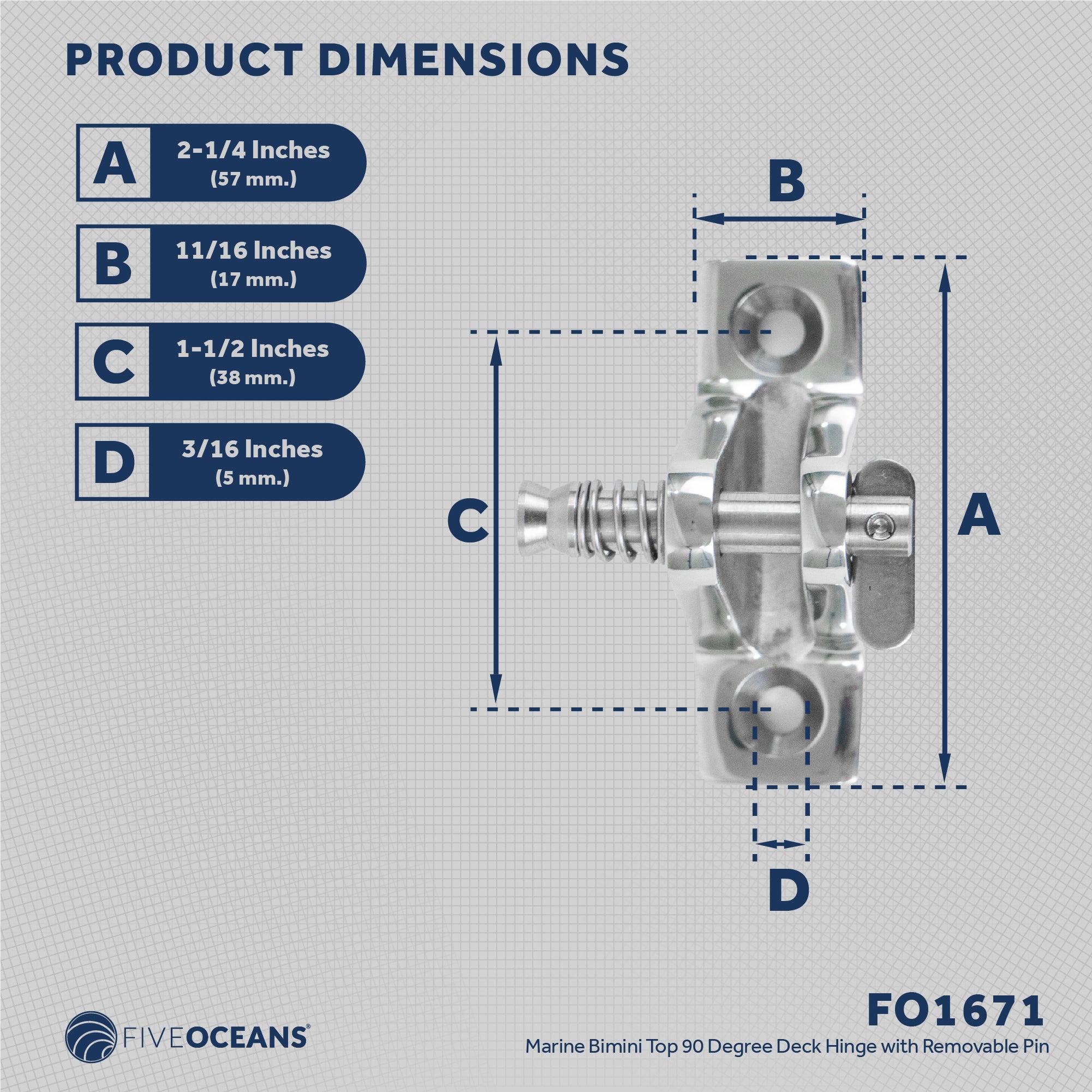 Bimini Top Hardware 90 Degree Deck Hinge with Removable Pin, AISI316 Stailess Steel - FO1671