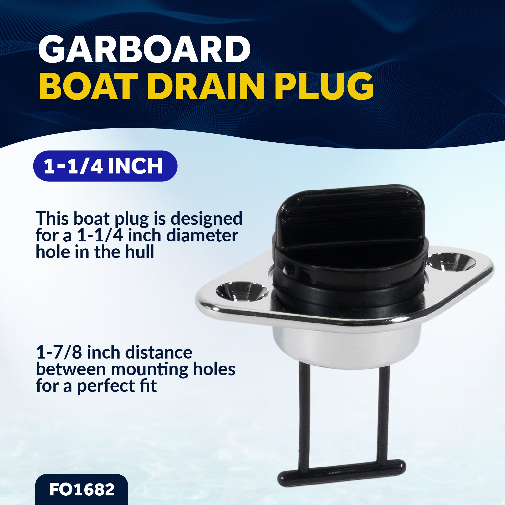 Garboard Boat Drain Plug For 1-1/4" Transom Hole, Chrome Plated Brass & Black Nylon - FO1682