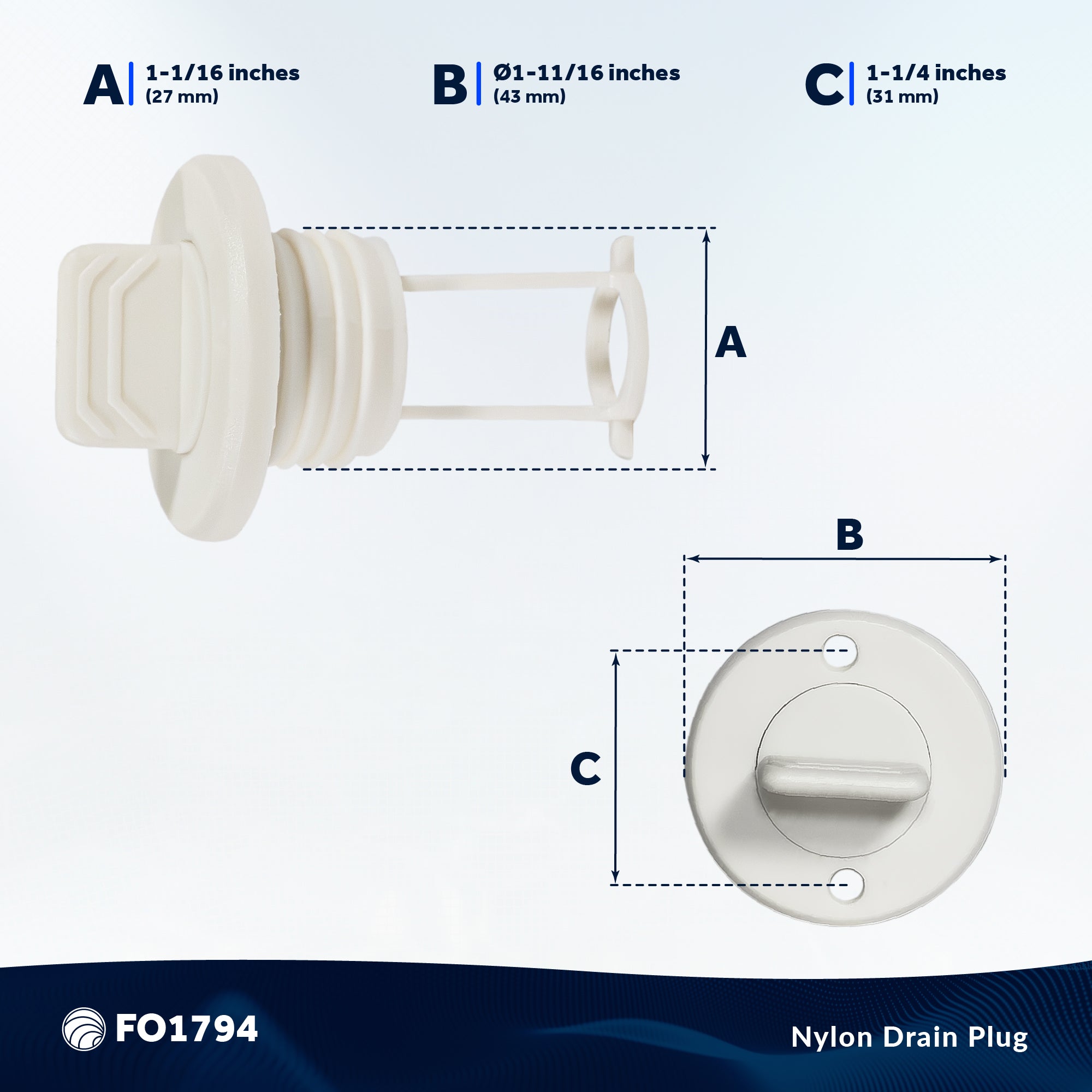 Garboard Boat Drain Plug For 1" Transom Hole, White Nylon - FO1794