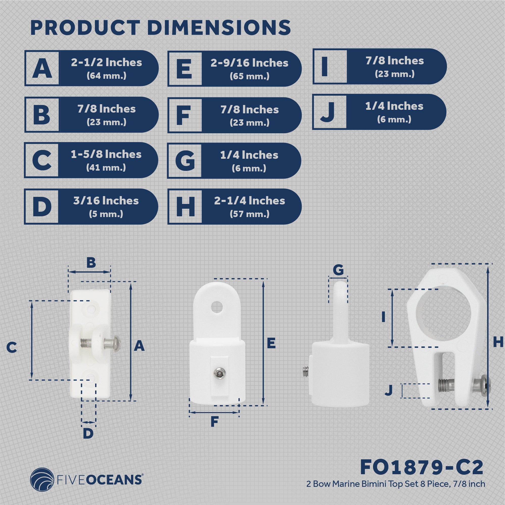 2 Bow Bimini Top Hardware Set 8 Piece, Fitting Fit 7/8", White Nylon - FO1879-C2