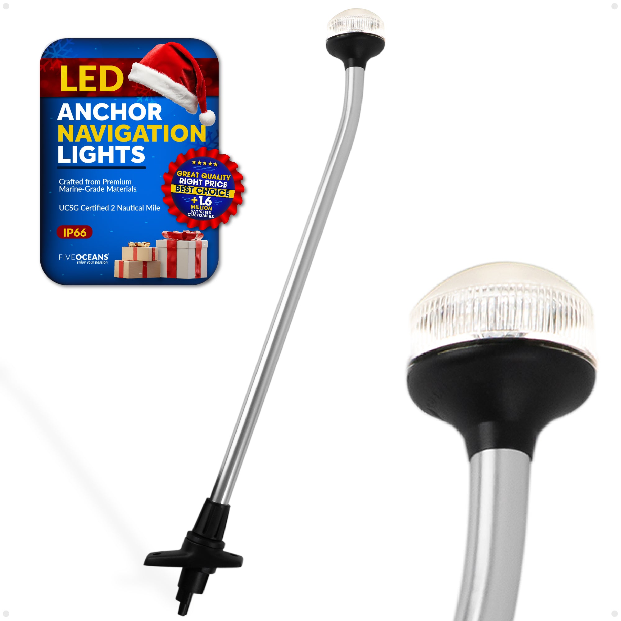 LED Anchor Navigation Lights, Removable Boat Light Pole, USCG 2NM, 24 Inch - FO1883