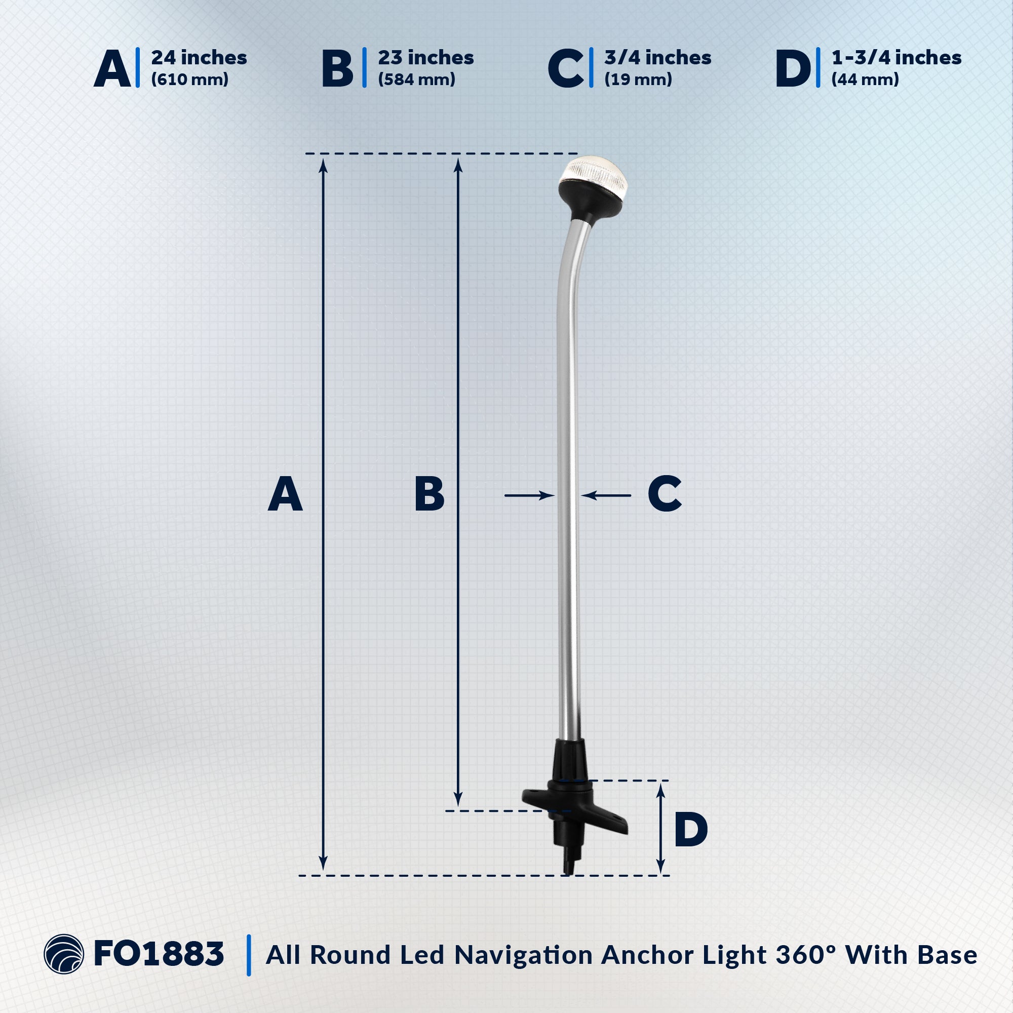 LED Anchor Navigation Lights, Removable Boat Light Pole, USCG 2NM, 24 Inch - FO1883