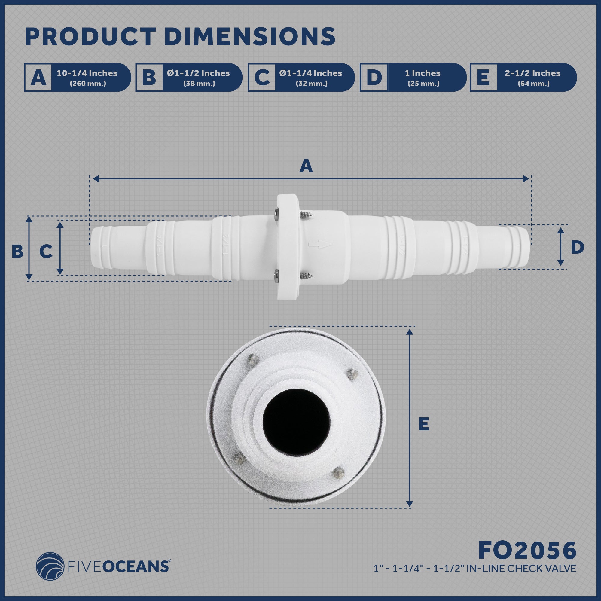 1" - 1-1/4" - 1-1/2" Check Valve, In-Line One-Way Stepped Connection - FO2056 - Five Oceans