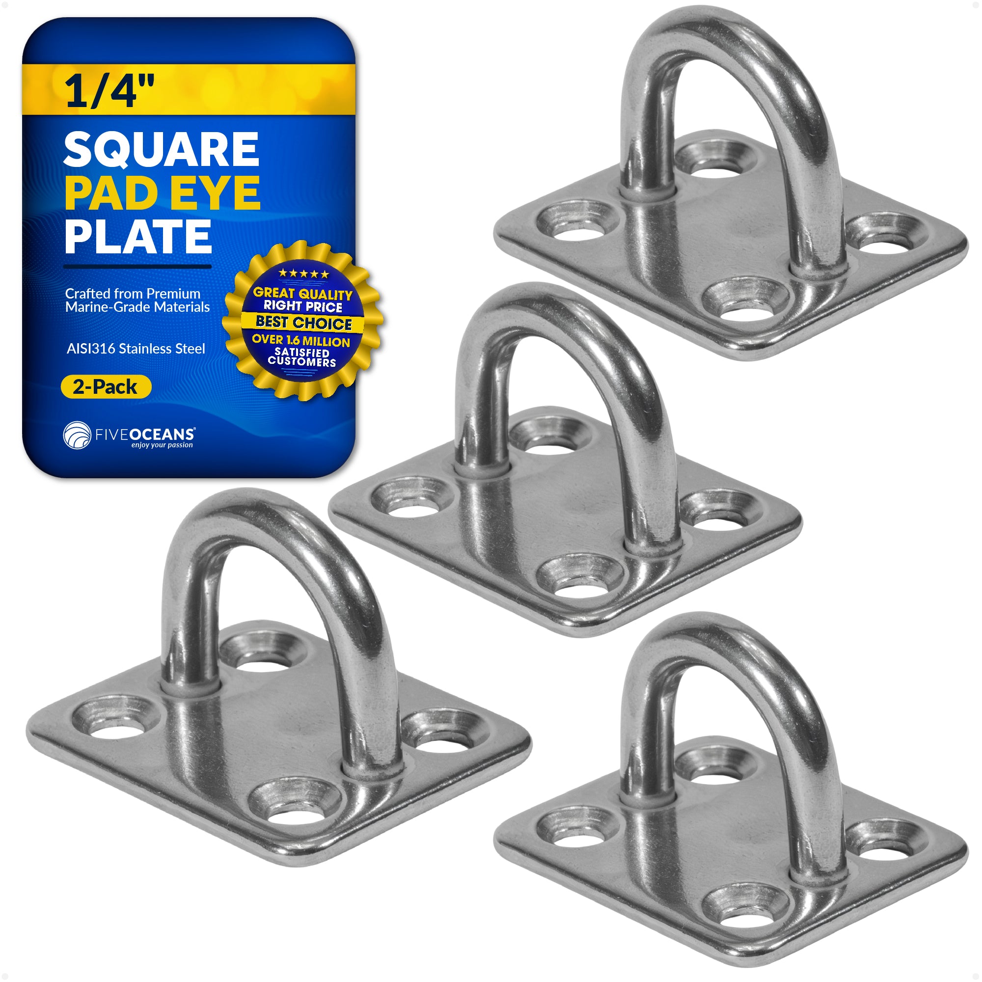 Heavy Duty 1/4" Stainless Steel Square Pad Eye, 4-Pack - FO2100-M4 - Five Oceans