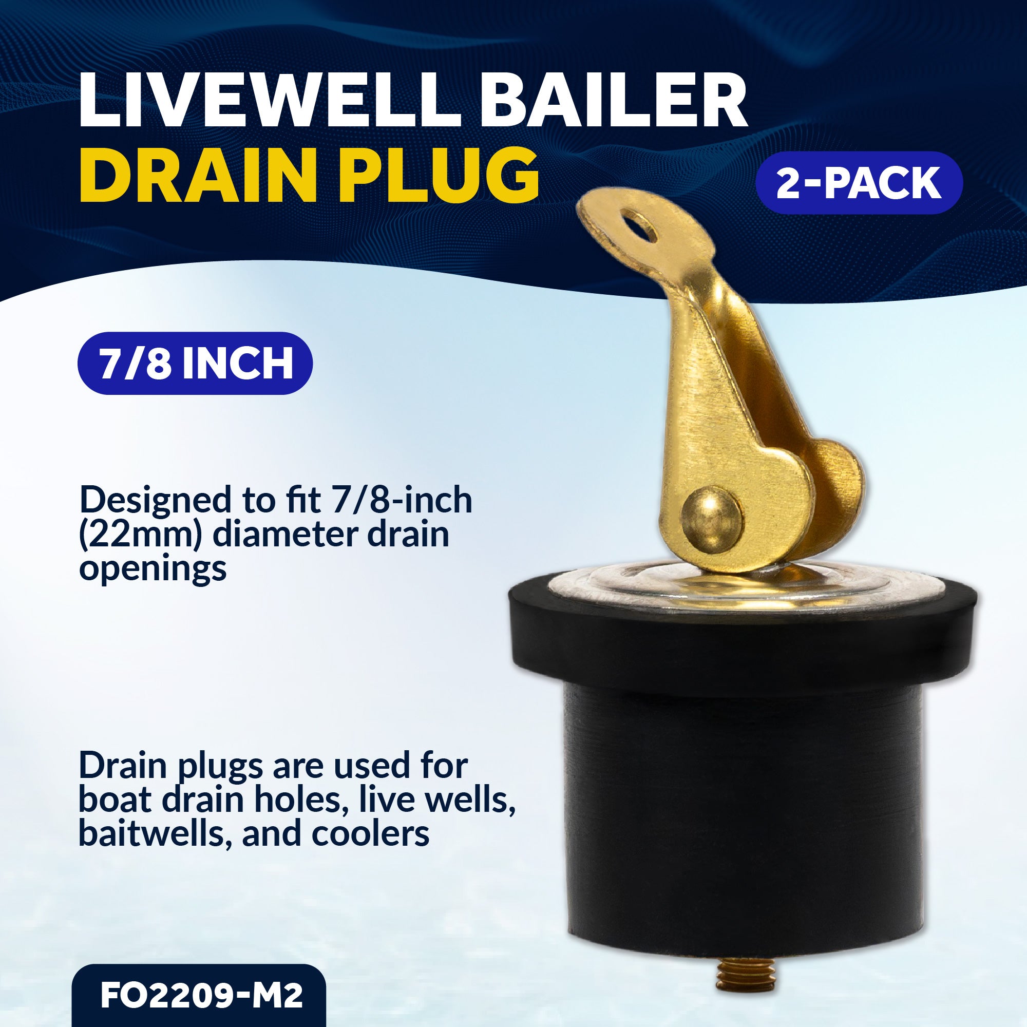 Livewell Bailer Drain Boat Plug for 7/8" Diameter Drains, 2-Pack - FO2209-M2