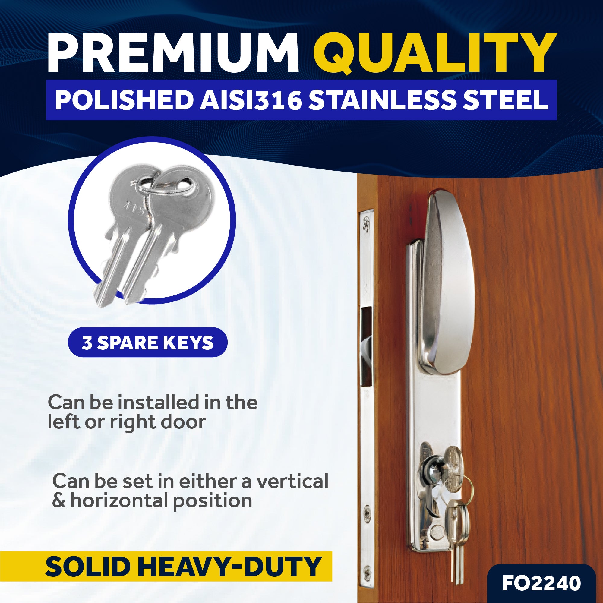 Sliding Door Mortise Latch Set, Stainless Steel, 3 Keys - FO2240