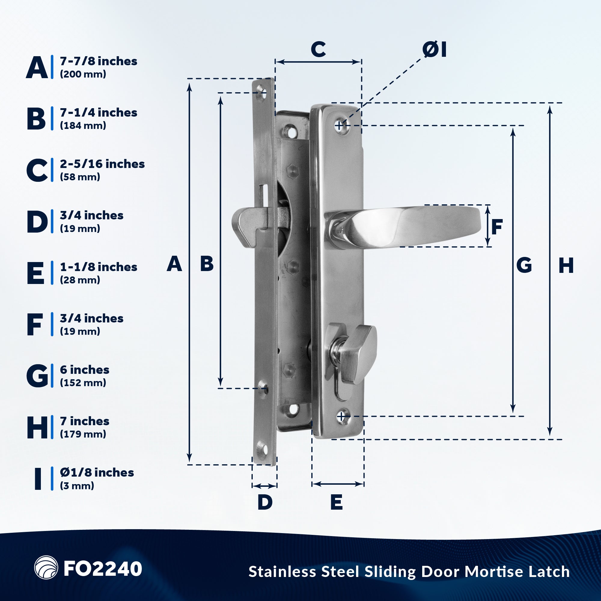 Sliding Door Mortise Latch Set, Stainless Steel, 3 Keys - FO2240