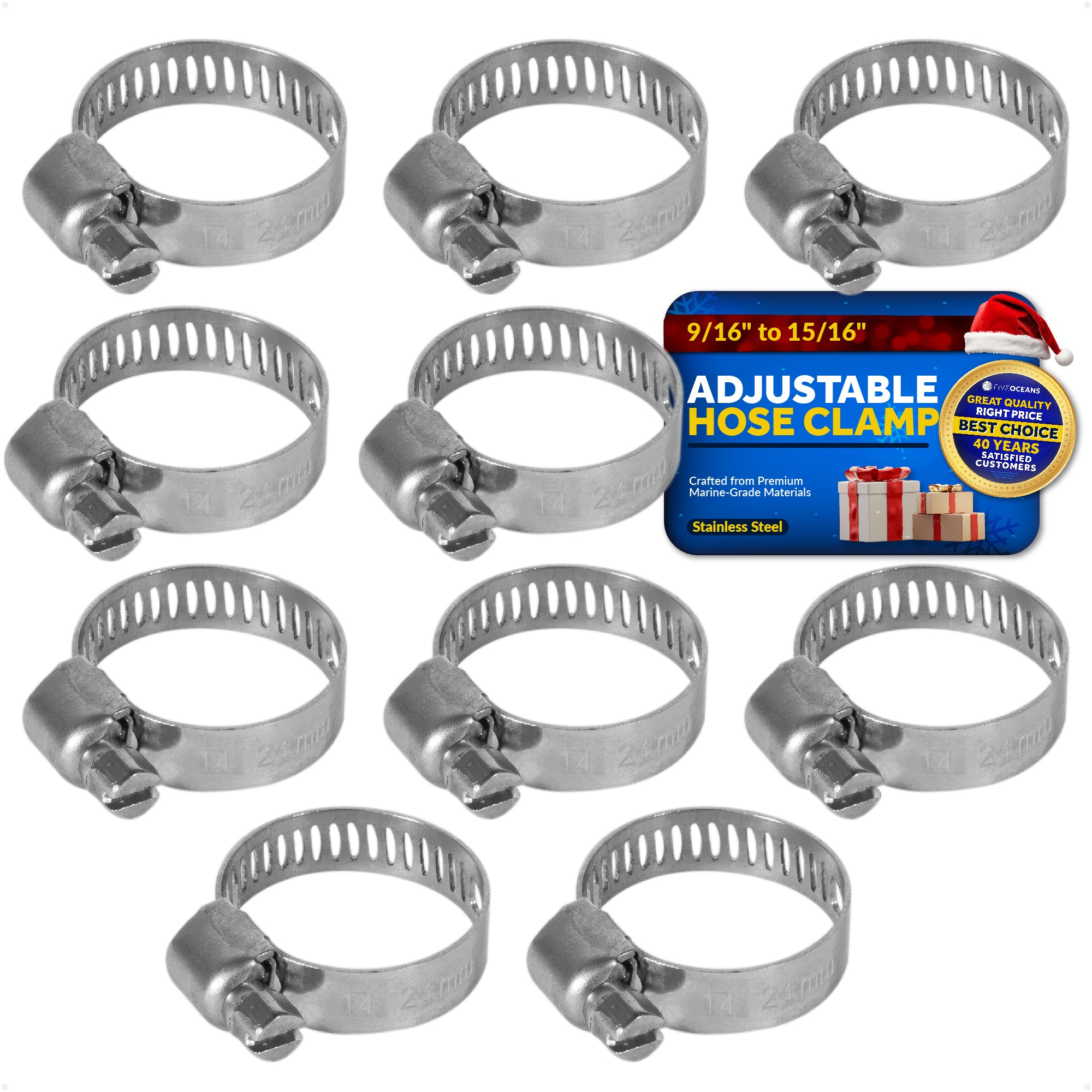 Hose Clamp 14 -24mm (9/16-Inch - 15/16-Inch), Stainless Steel - 10-Pack - FO2325-M10