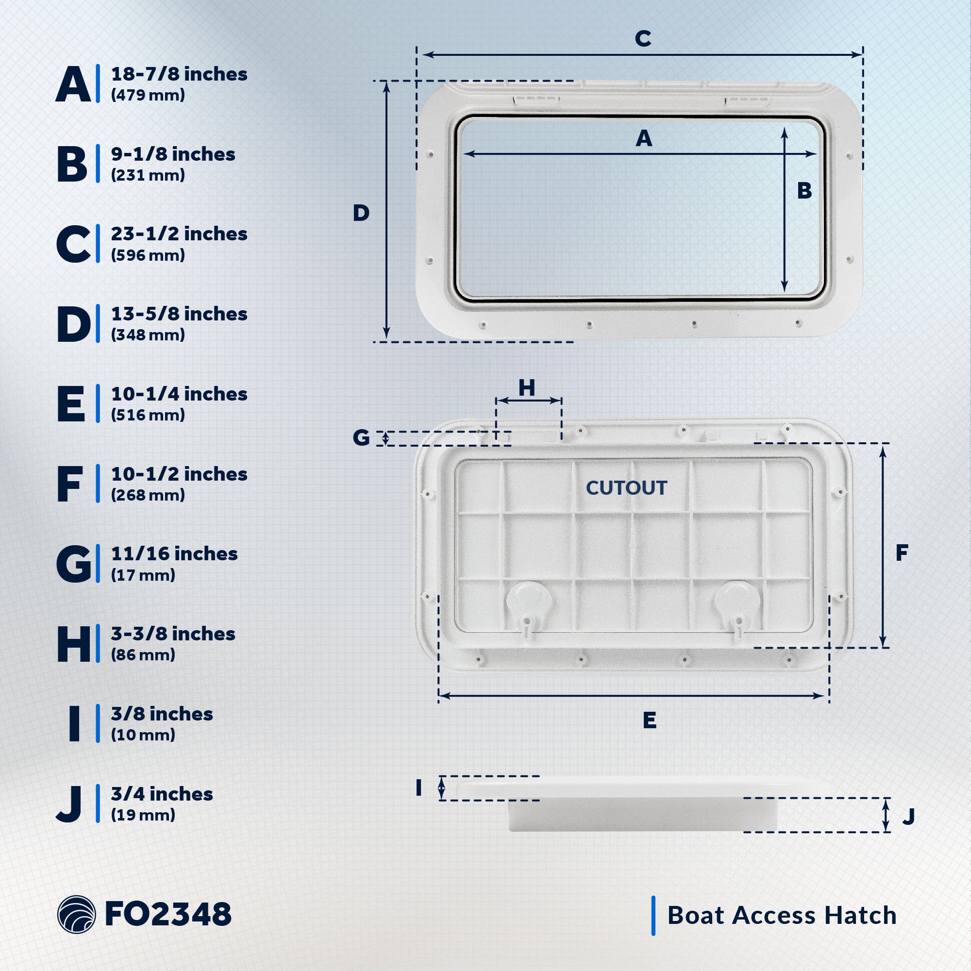 Boat Access Hatch, 23-1/2" x 13-5/8" Locking Slam Latch System, Off-White - FO2348