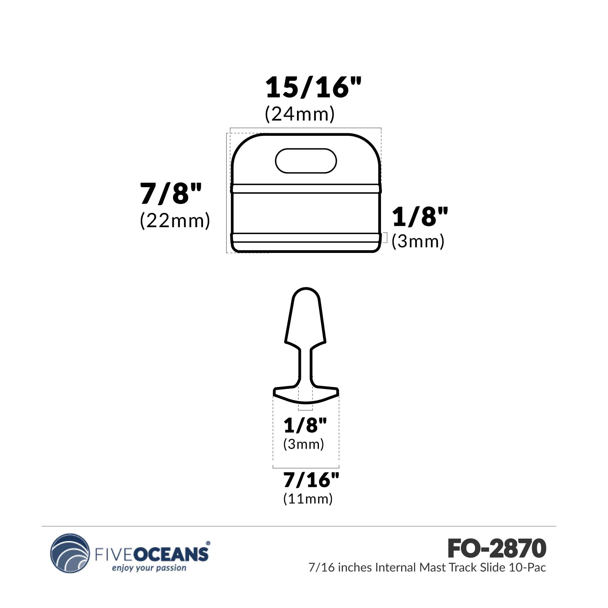 7/16" (11mm) Internal Mast Track Slide - 10-Pack - FO2870