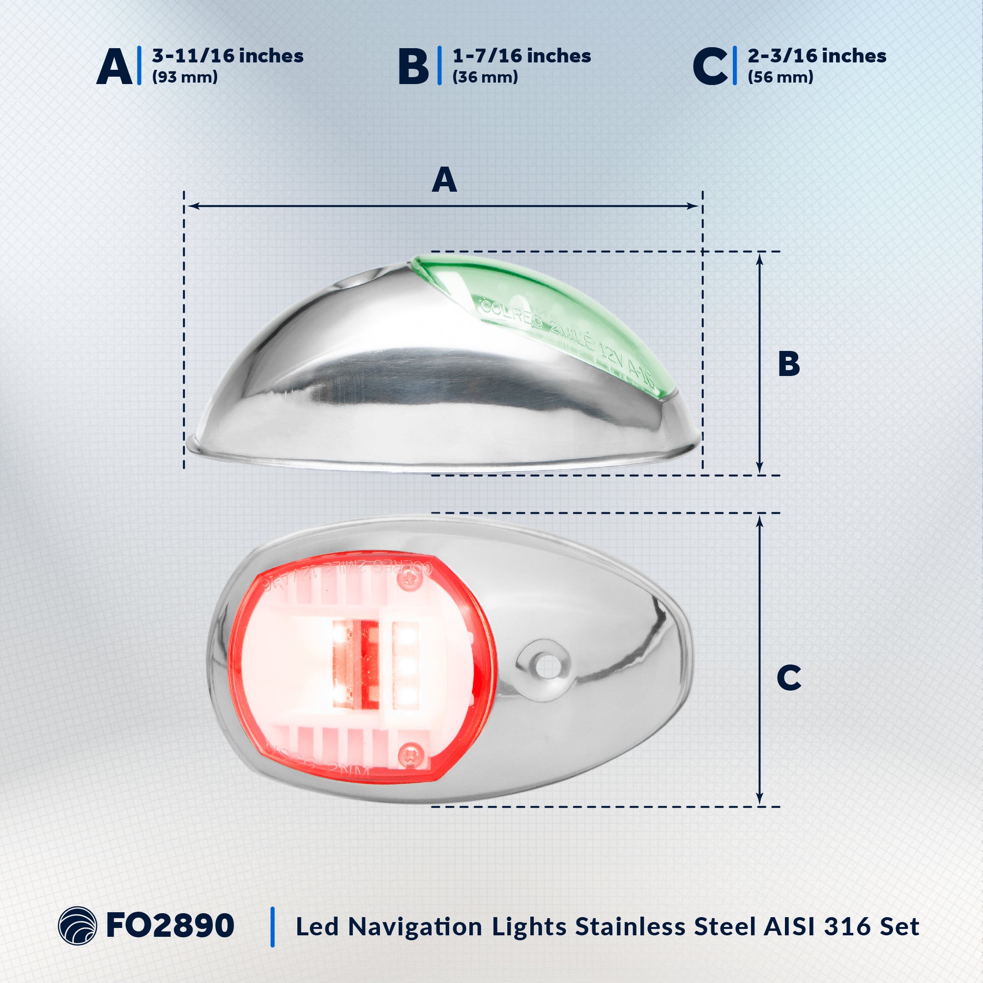 LED Side Navigation Lights, Red & Green Set, Stainless Steel Housing - FO2890