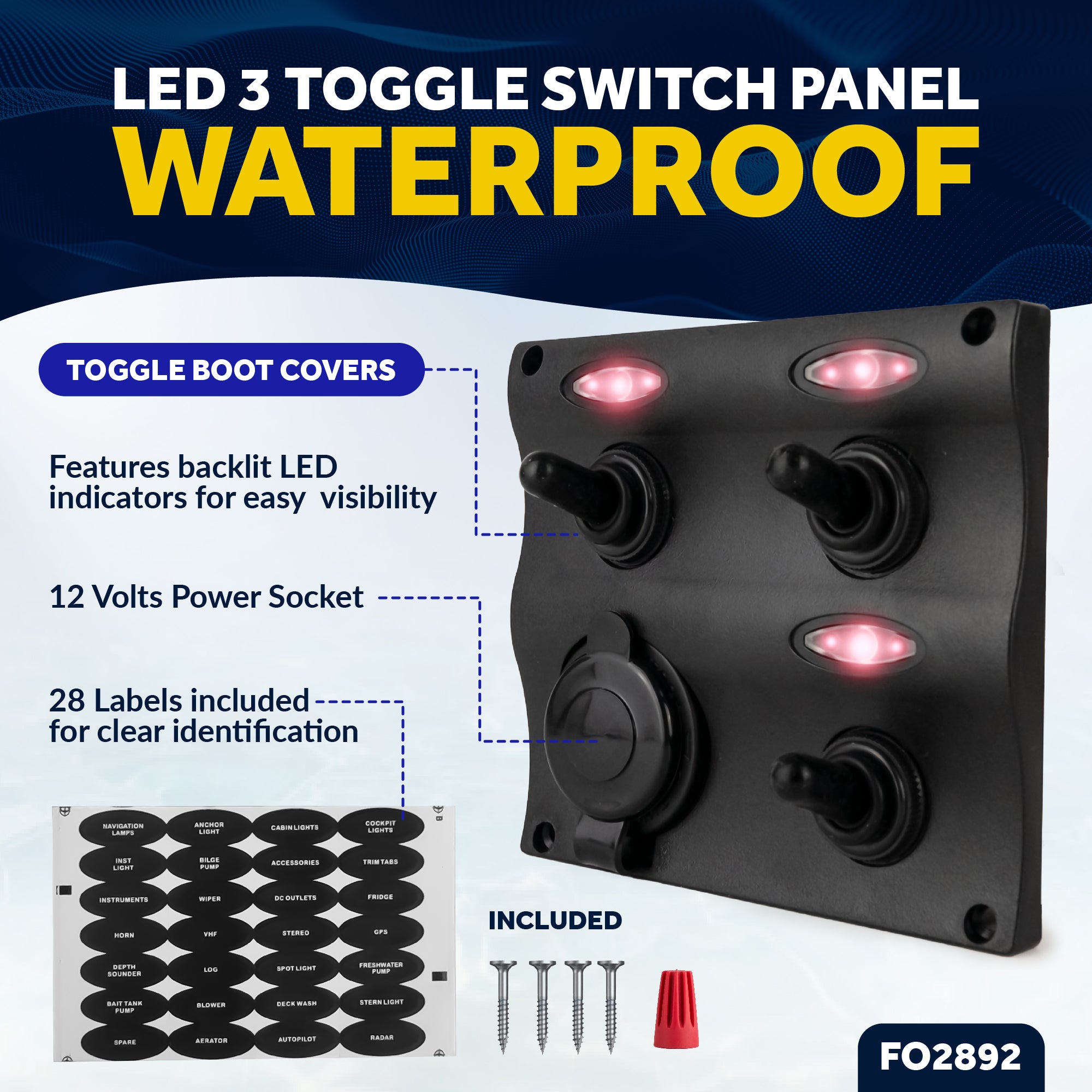 LED 3 Gang Switch Panel with Power Socket - Waterproof - 12-24 Volts - FO2892 - Five Oceans