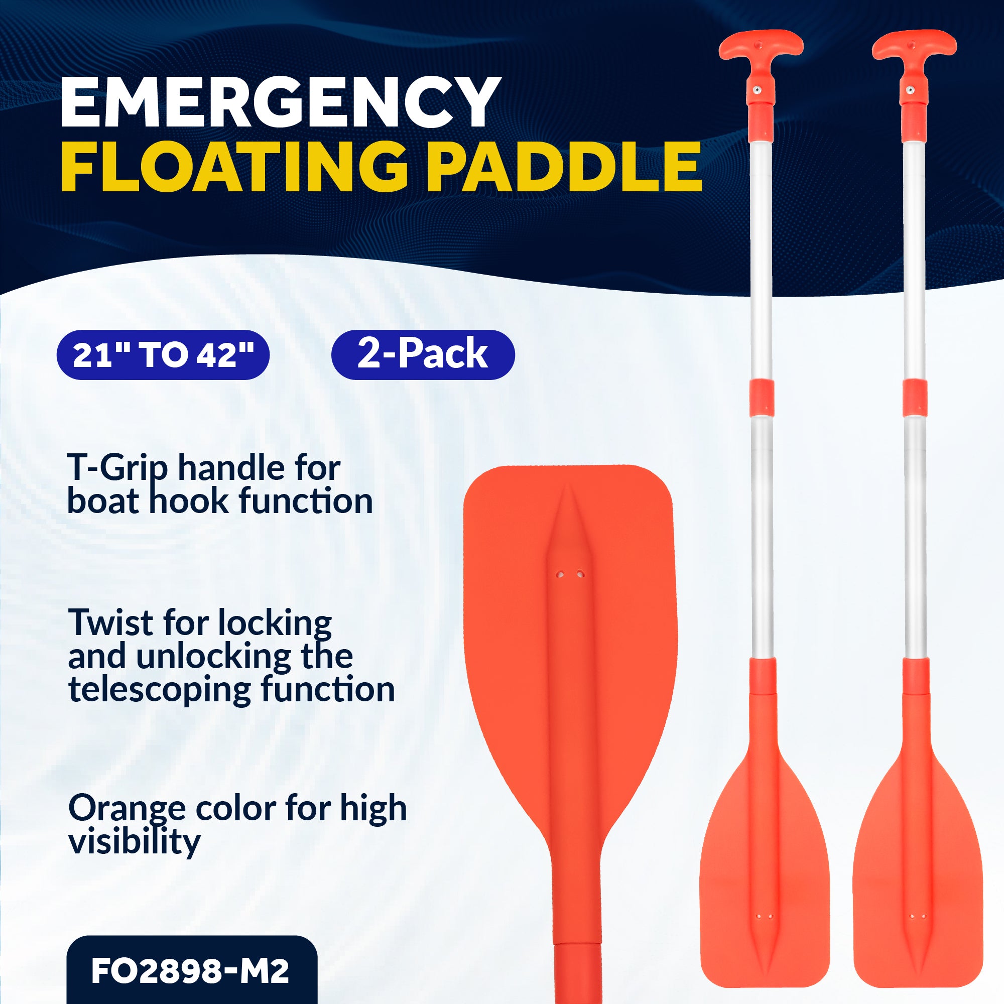 Emergency Floating Telescoping Paddle 21" to 42", T-Grip - Orange - 2-Pack - FO2898-M2