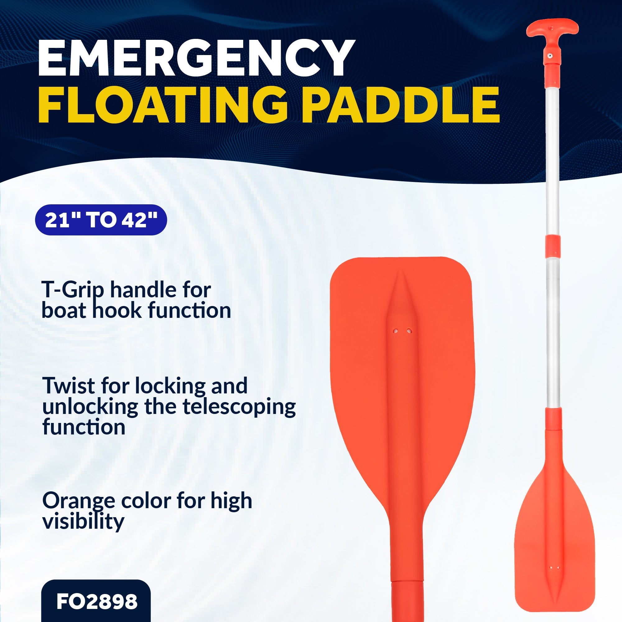 Emergency Floating Telescoping Paddle 21" to 42", T-Grip - Orange - FO2898