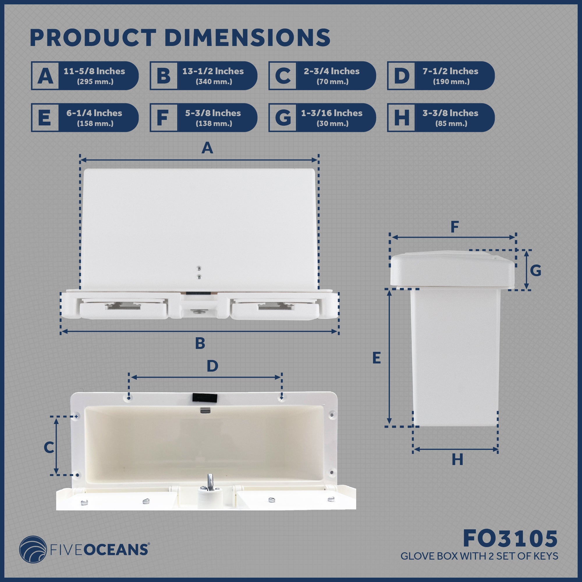 Boat Glove Box with Lock, Drink Cup Holders, White - FO3105