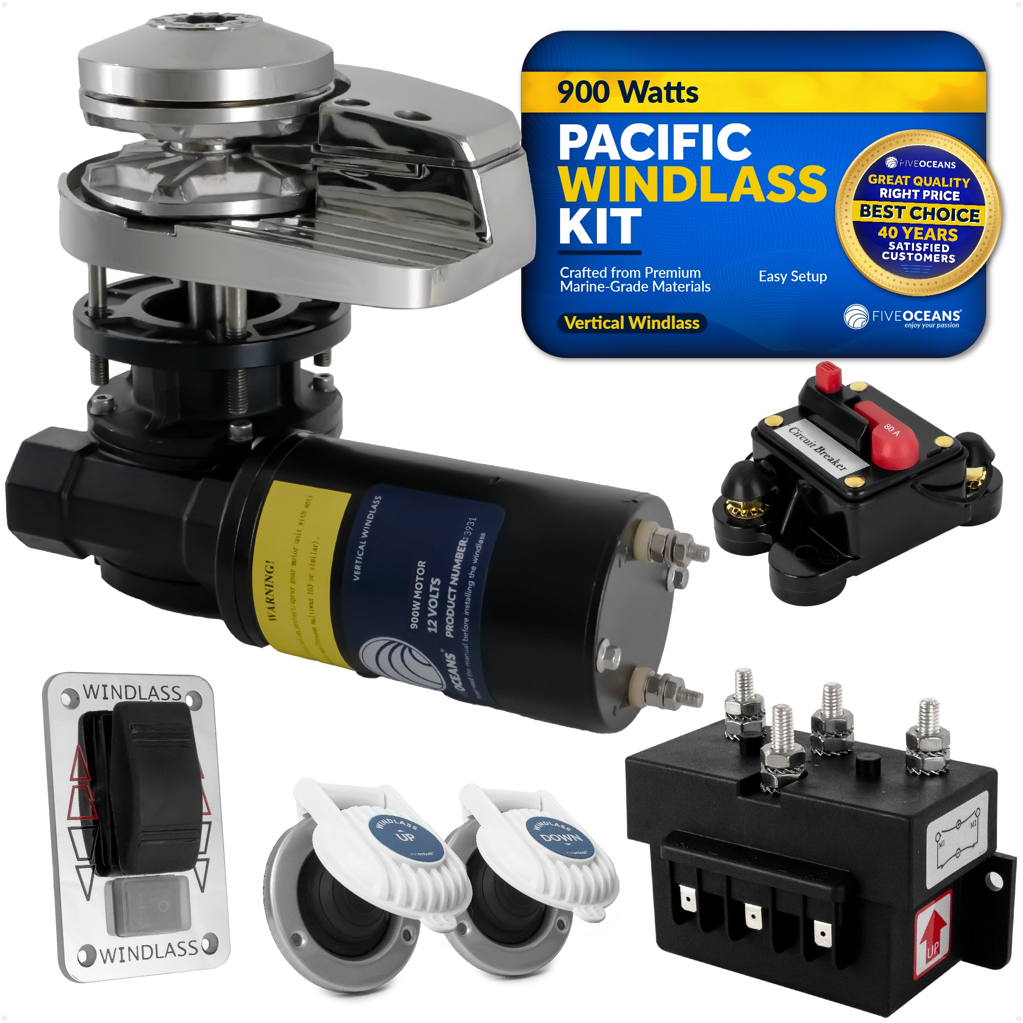 Pacific Windlass Kit, 1/4" HTG4 Chain - 1/2" Rope, Vertical 900 Watts, 12V DC - FO3287