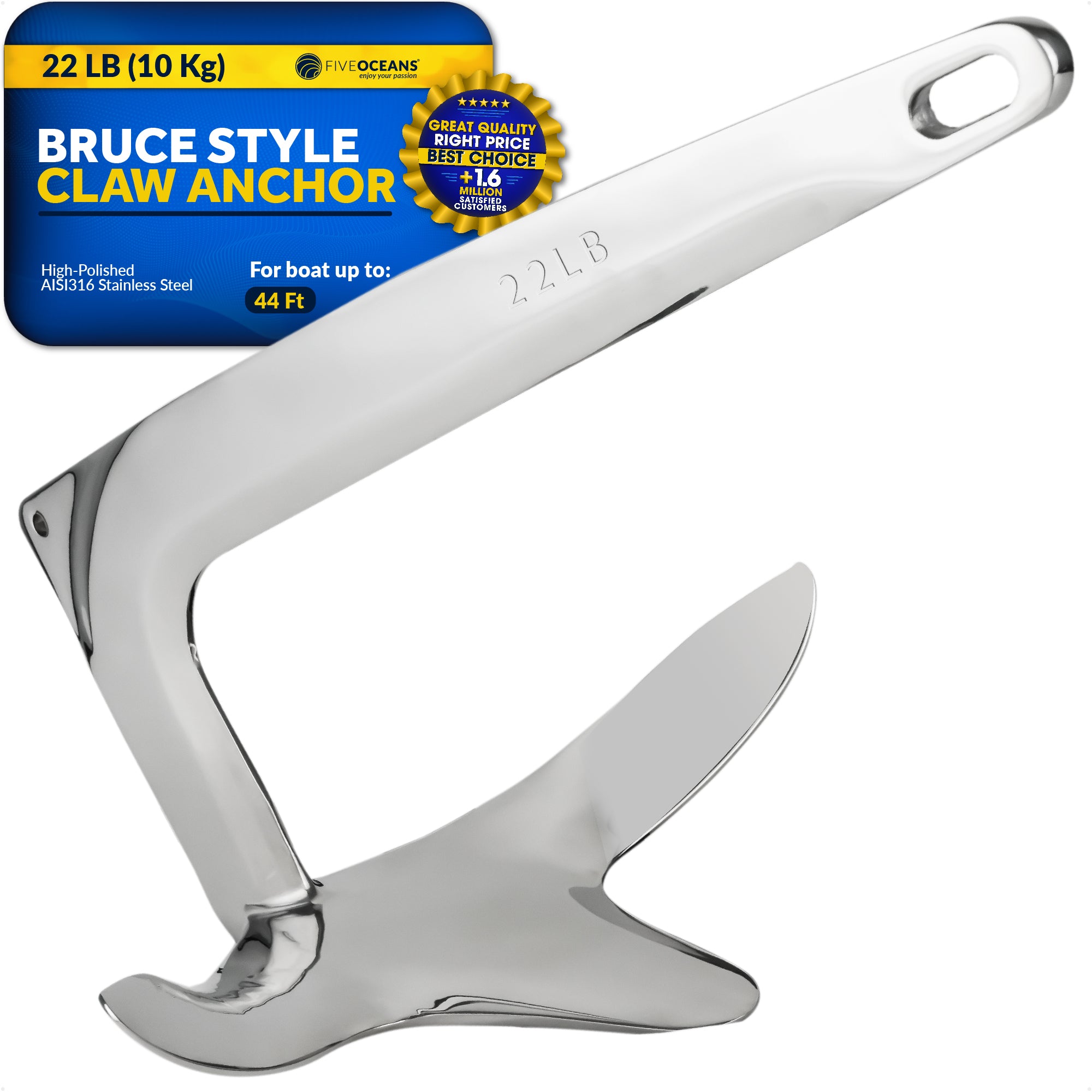 Bruce Style Claw Anchor, 22 Lb, Stainless Steel - FO337