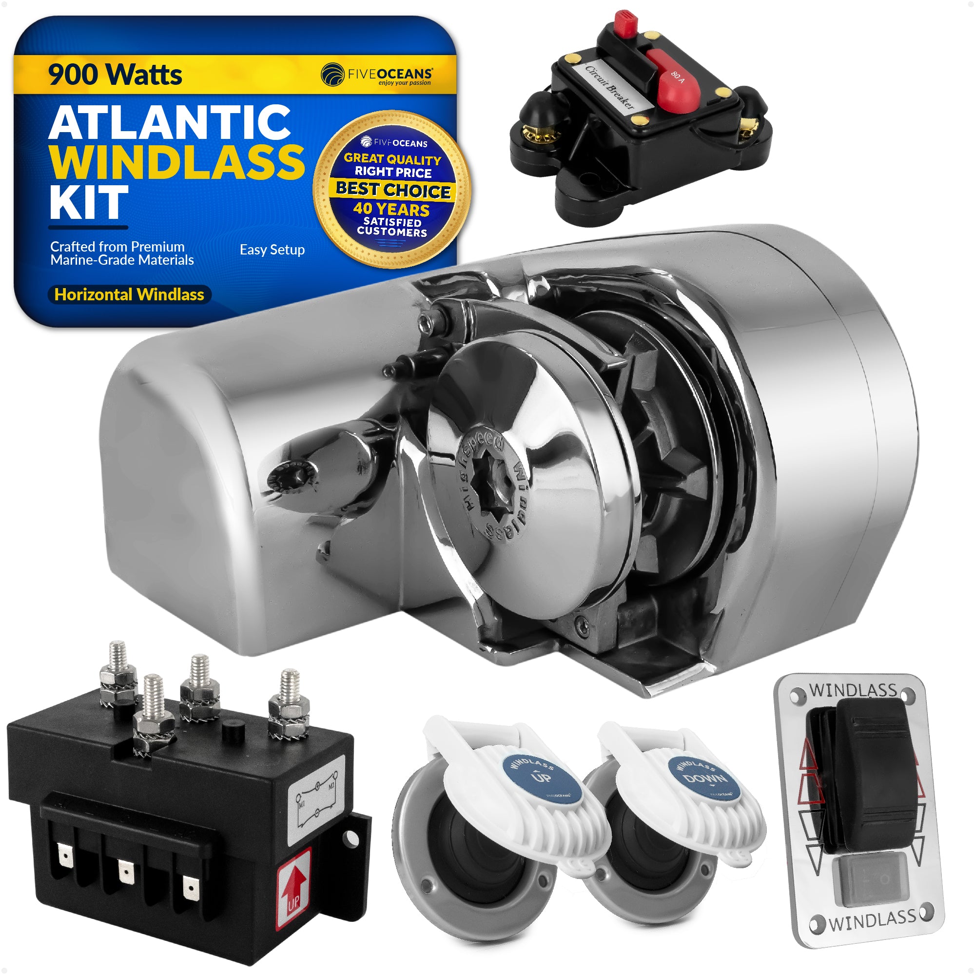 Atlantic Windlass Kit, 5/16" HTG4 Chain - 9/16" Rope, Horizontal 900 Watts, 12V DC - FO3442