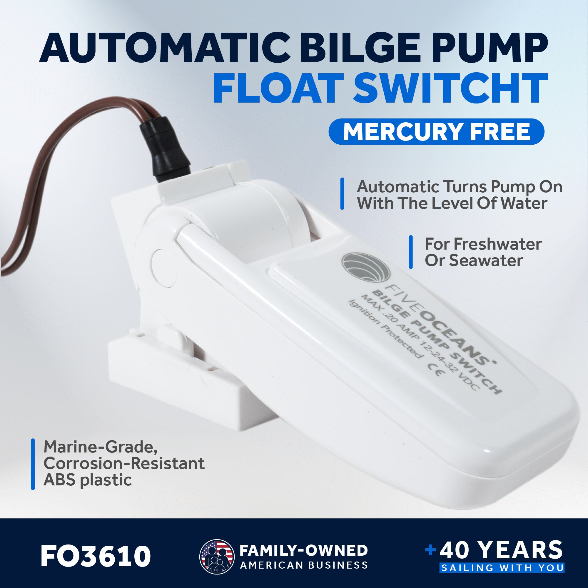 12-24-32-Volts Automatic Bilge Pump Float Switch, Heavy-Duty, Mercury Free, 20-Amps Max - FO3610