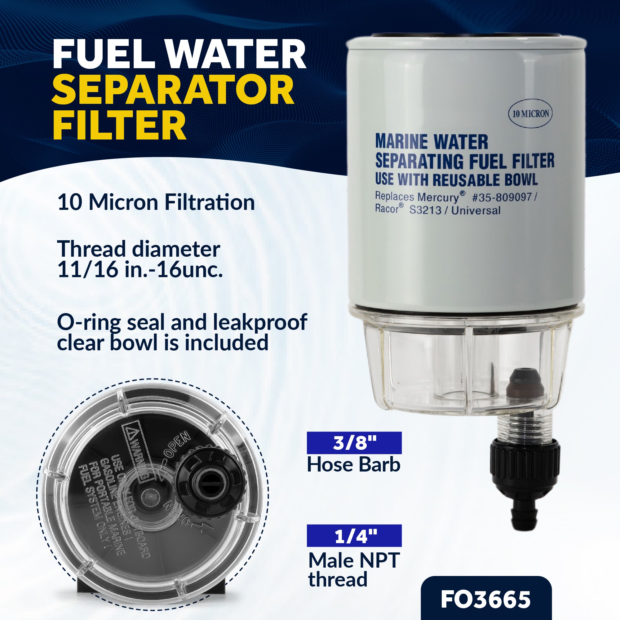 Fuel Water Separator Filter with See-Thru Bowl, Thread Diameter 11/16", 3/8" Barb - FO3665