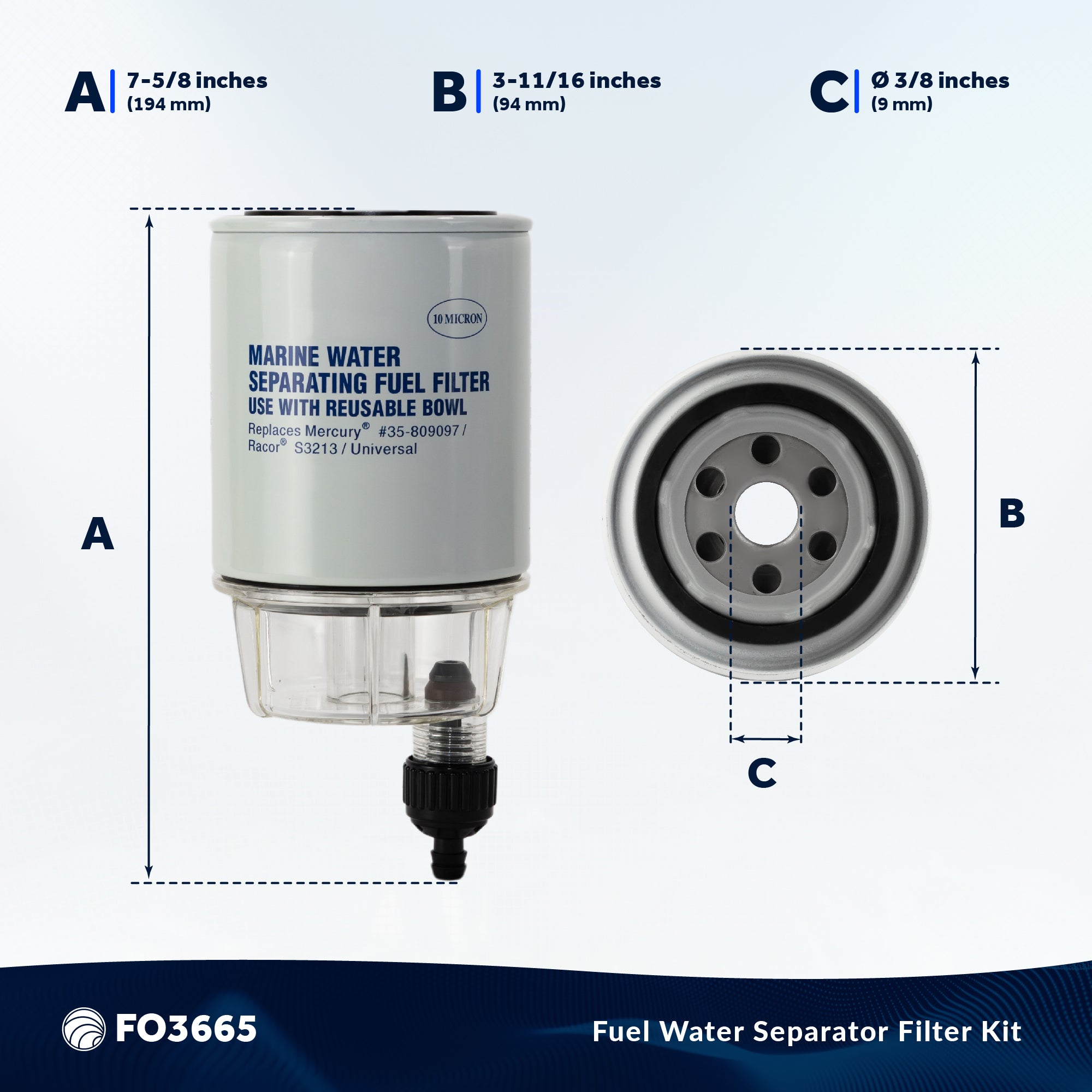 Fuel Water Separator Filter with See-Thru Bowl, Thread Diameter 11/16", 3/8" Barb - FO3665