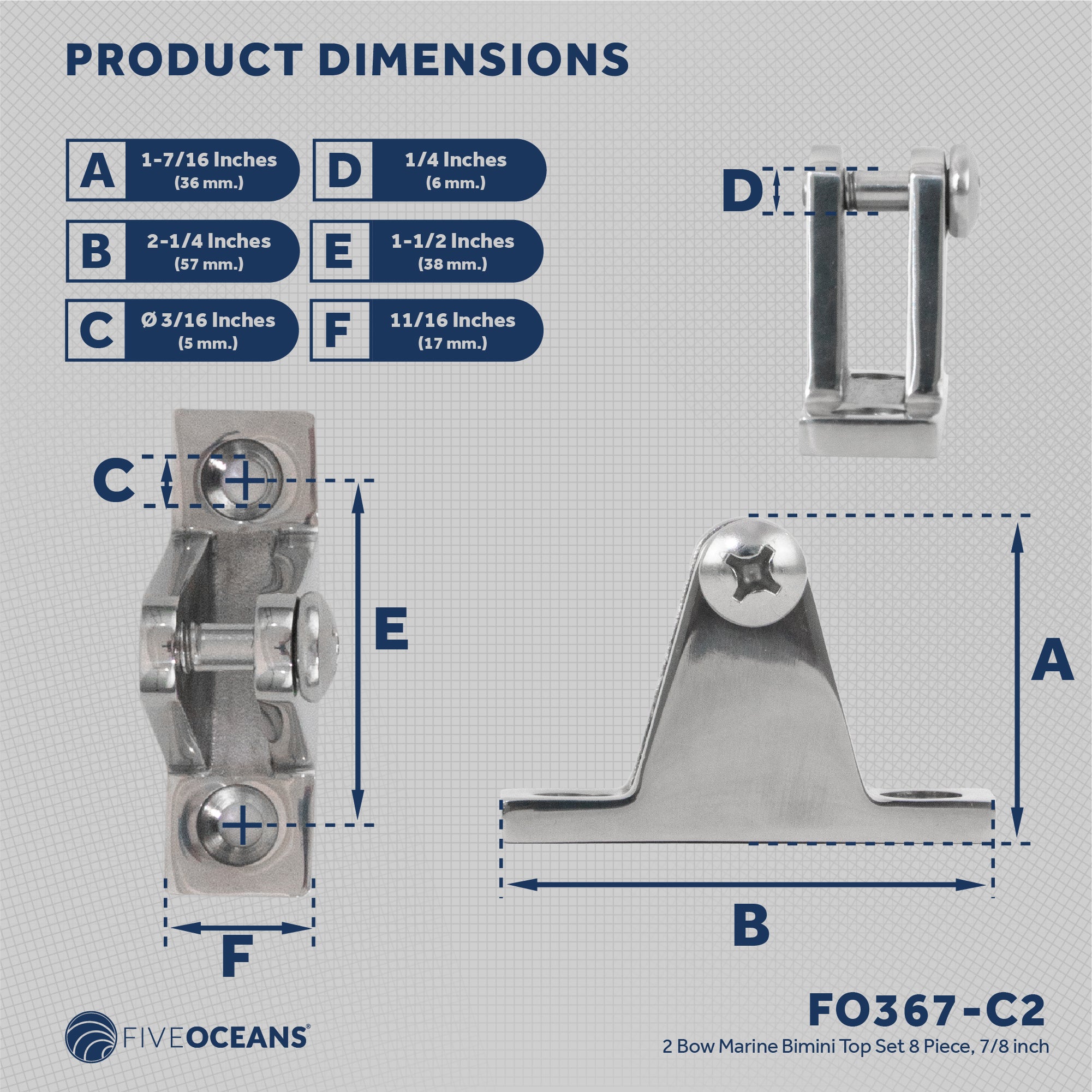 2 Bow Bimini Top Hardware Set 8 Piece, Fitting Fit 7/8", AISI316 Stainless Steel - FO367-C2