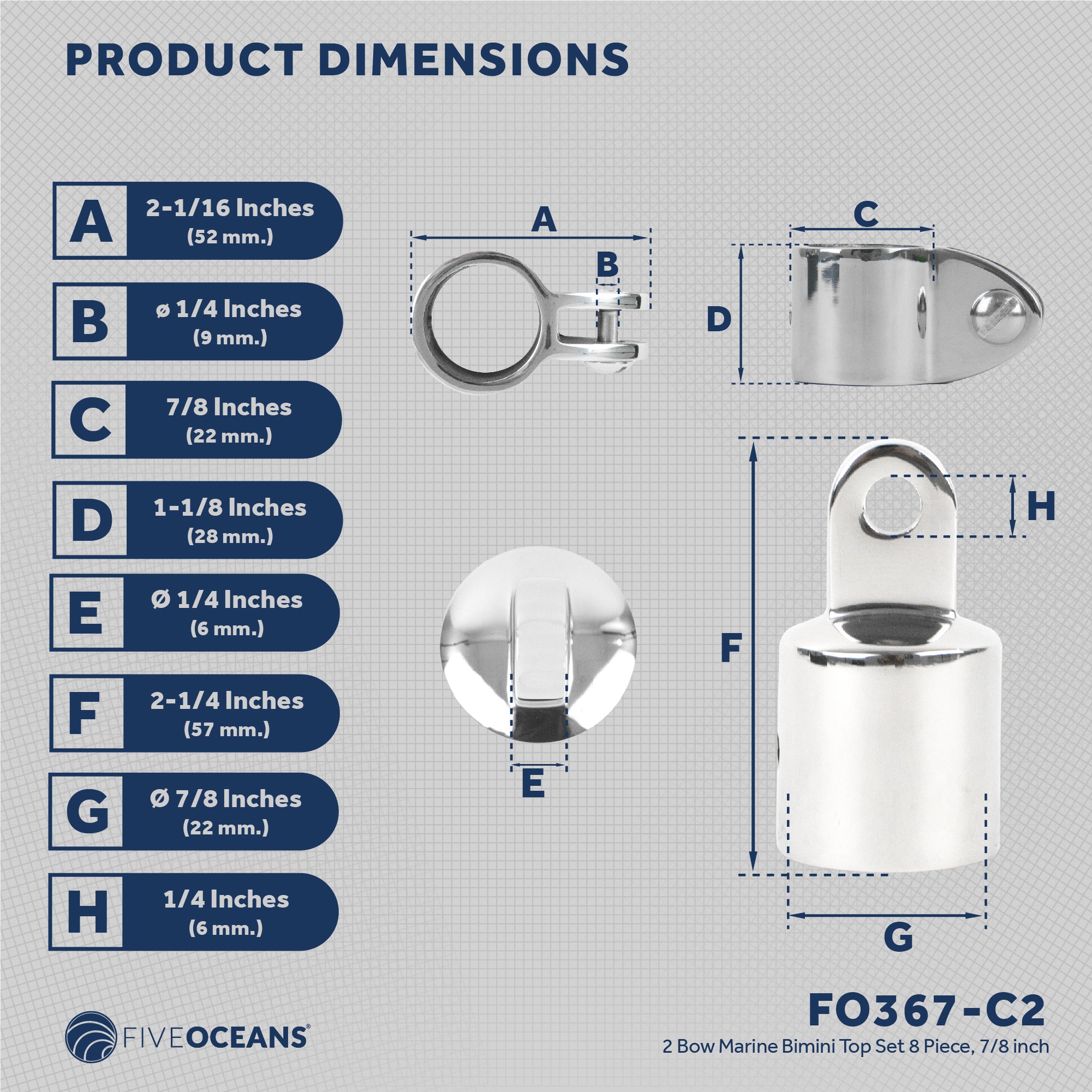 2 Bow Bimini Top Hardware Set 8 Piece, Fitting Fit 7/8", AISI316 Stainless Steel - FO367-C2