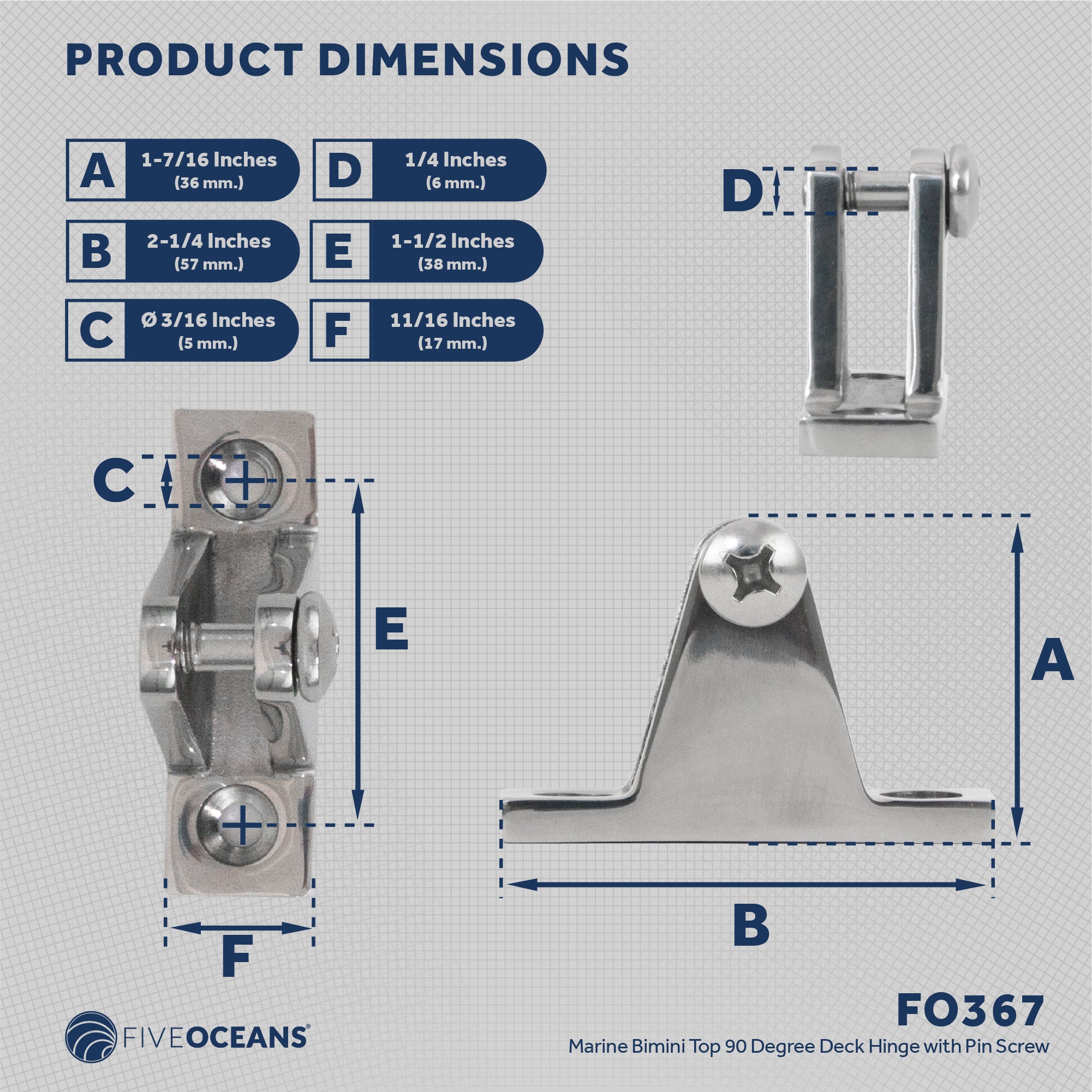 Bimini Top Hardware 90 Degree Deck Hinge with Screw Pin, AISI316 Stailess Steel - FO367