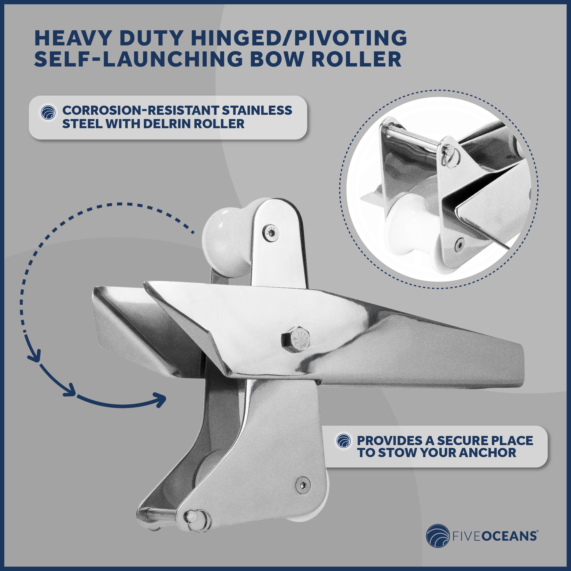 Pivoting Self-launching Anchor Bow Roller, Length 13-1/4", Stainless Steel - FO3696 - Five Oceans