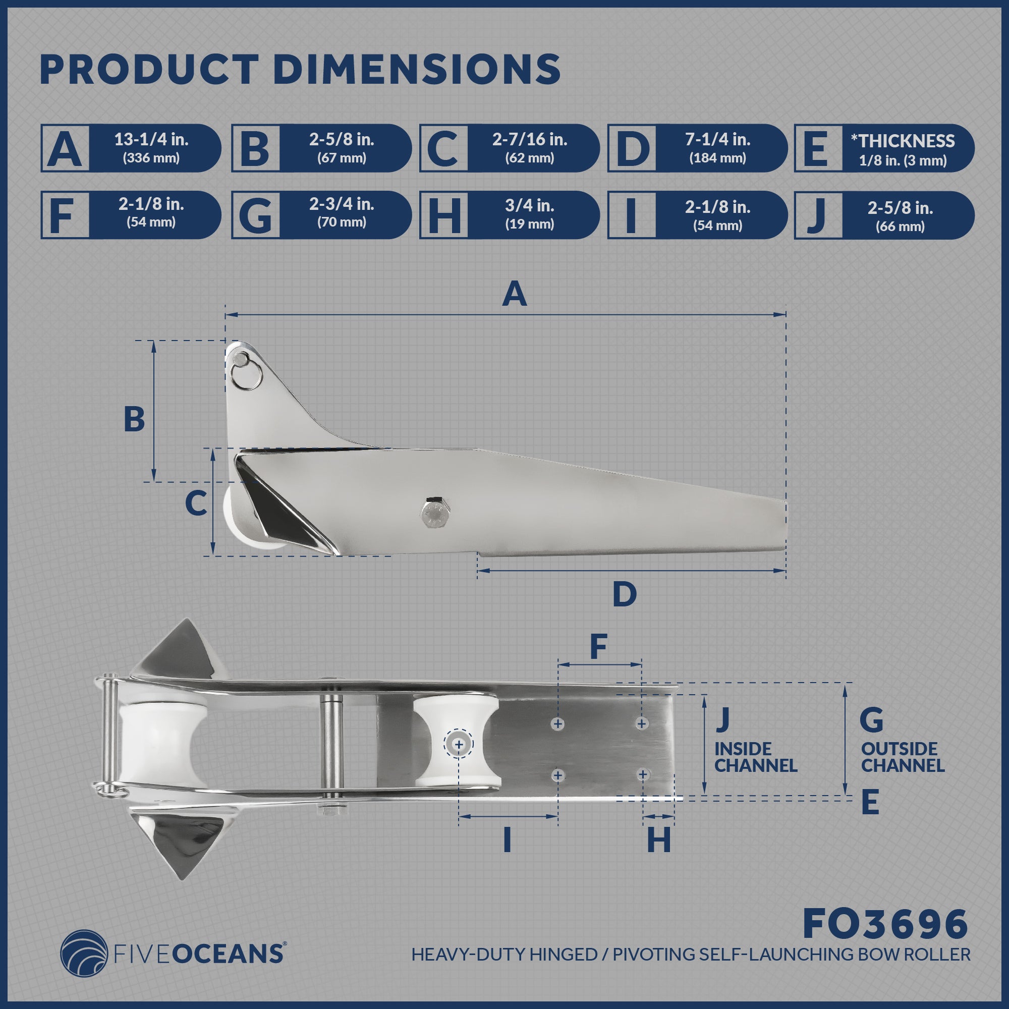 Pivoting Self-launching Anchor Bow Roller, Length 13-1/4", Stainless Steel - FO3696 - Five Oceans