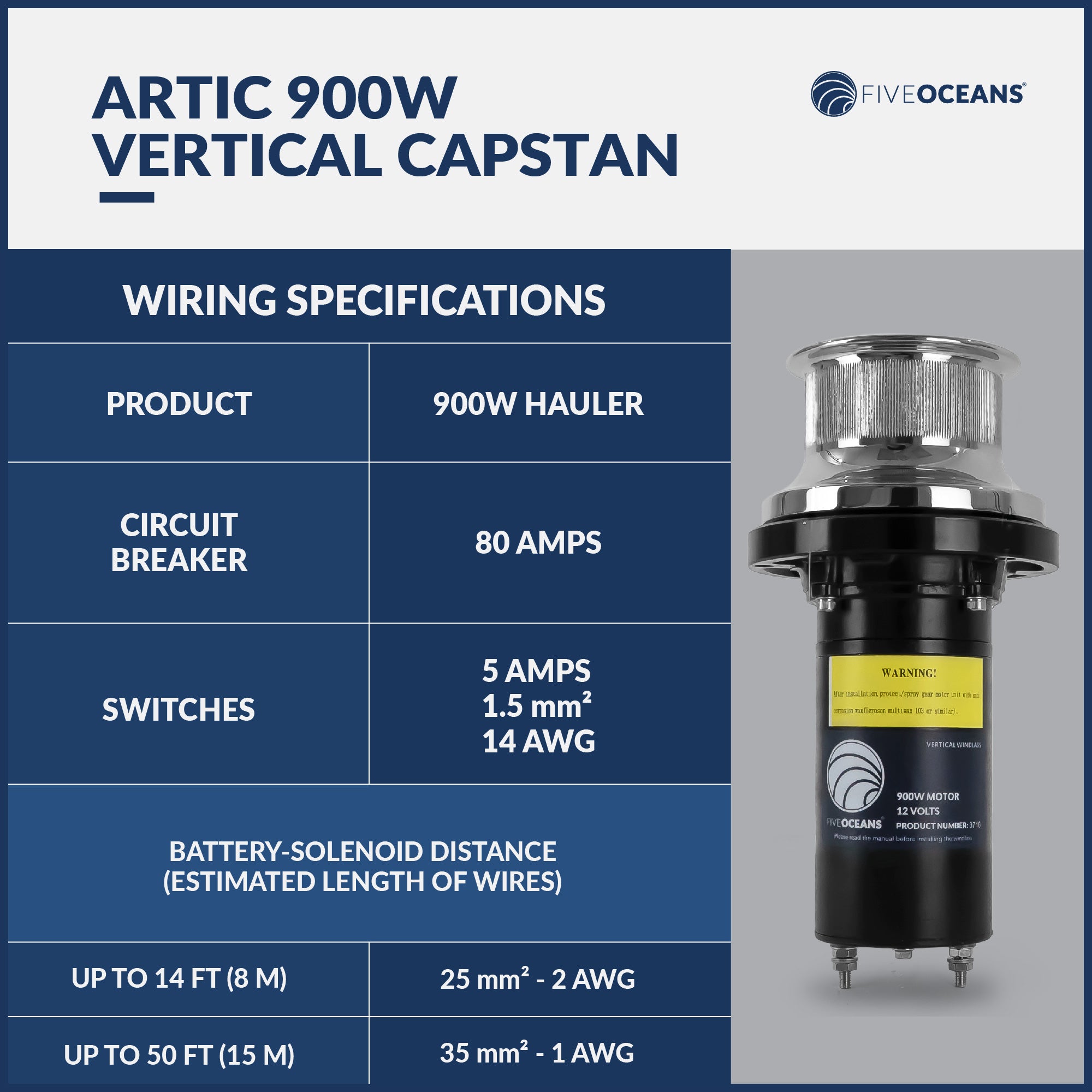 Arctic Capstan 900 Watts Vertical Mounted Winch, 12 V - FO3716 - Five Oceans