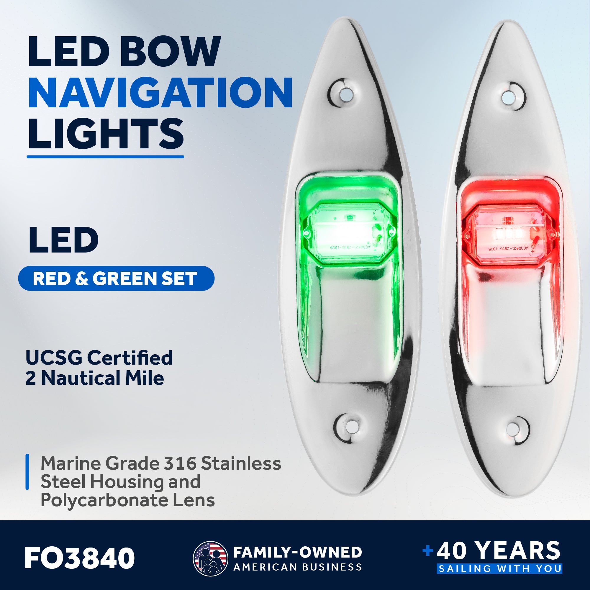 LED Bow Navigation Lights, 2NM, Flush Mount, Red/Green - FO3840