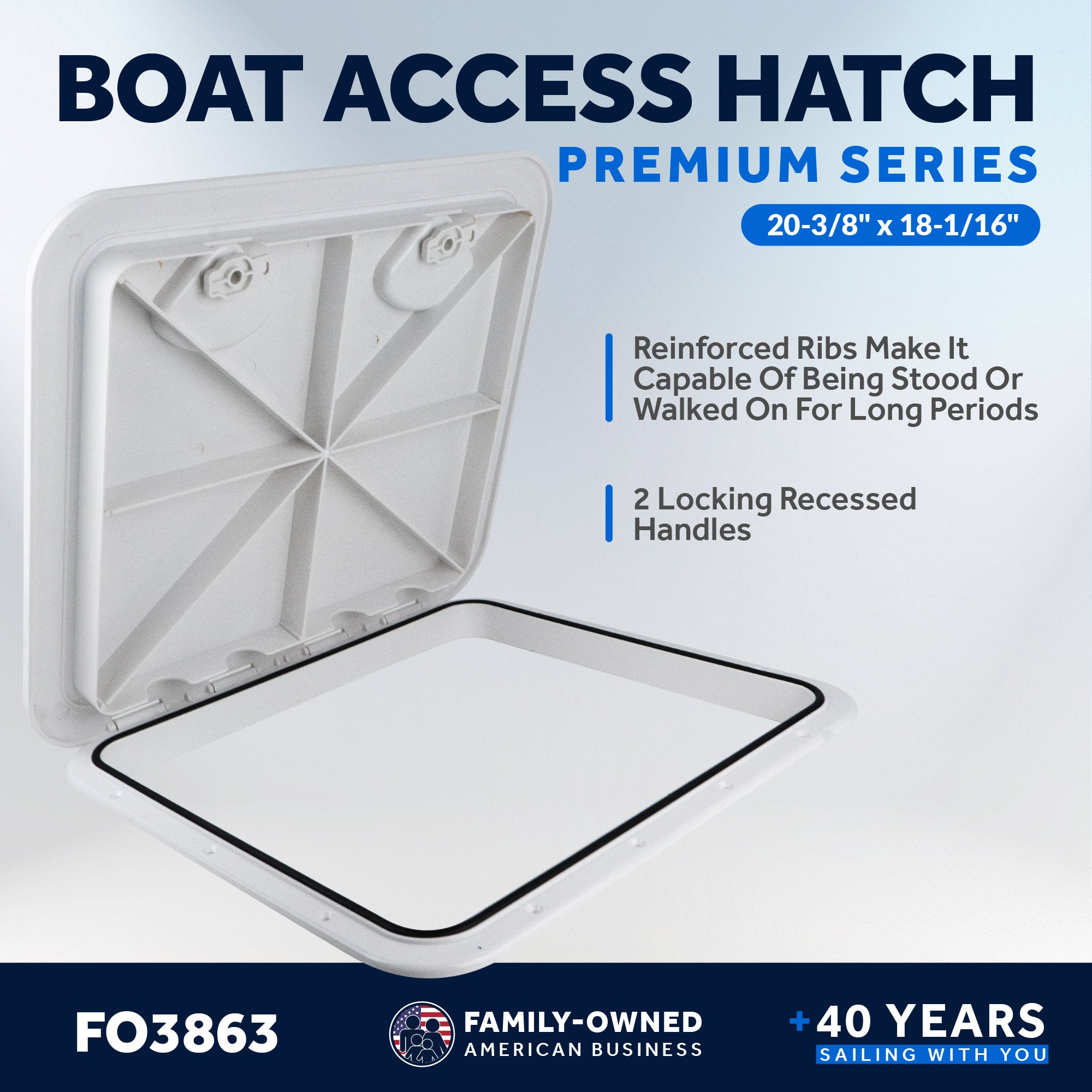 Boat Access Hatch, 20-3/8" x 18-1/16" Recessed Handle Locking System, White - FO3863