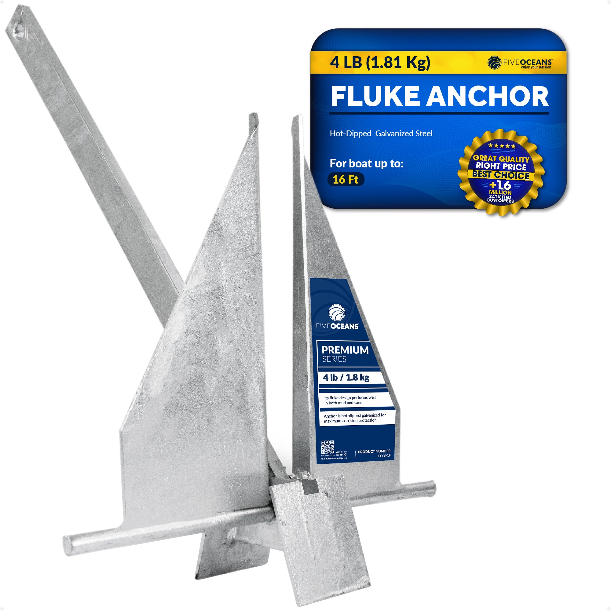 Fluke Anchor, 4 Lb Hot Dipped Galvanized Steel - FO3939 - Five Oceans