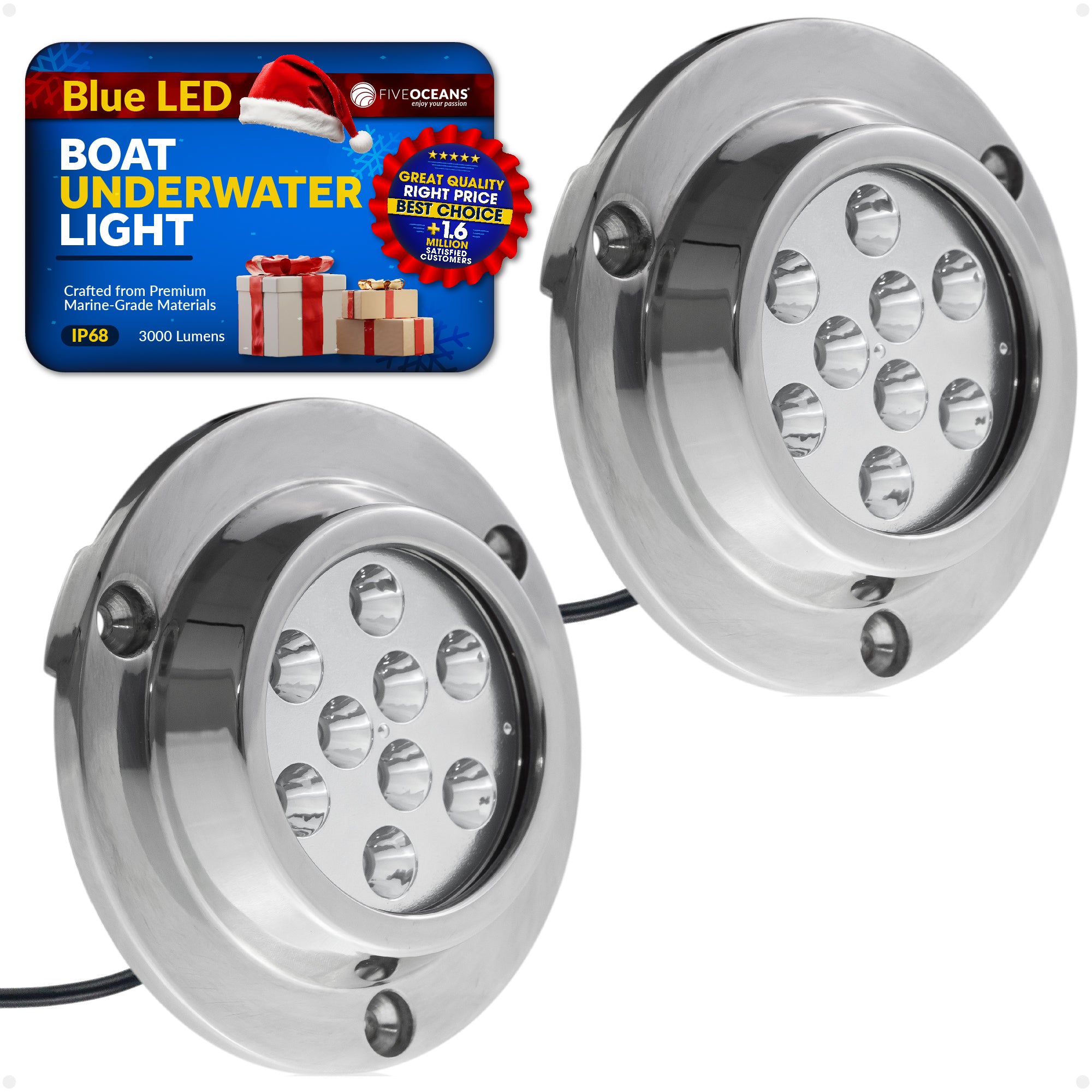 Underwater Boat Light, Stainless Steel, Blue LED, 2-Pack - FO4005-M2