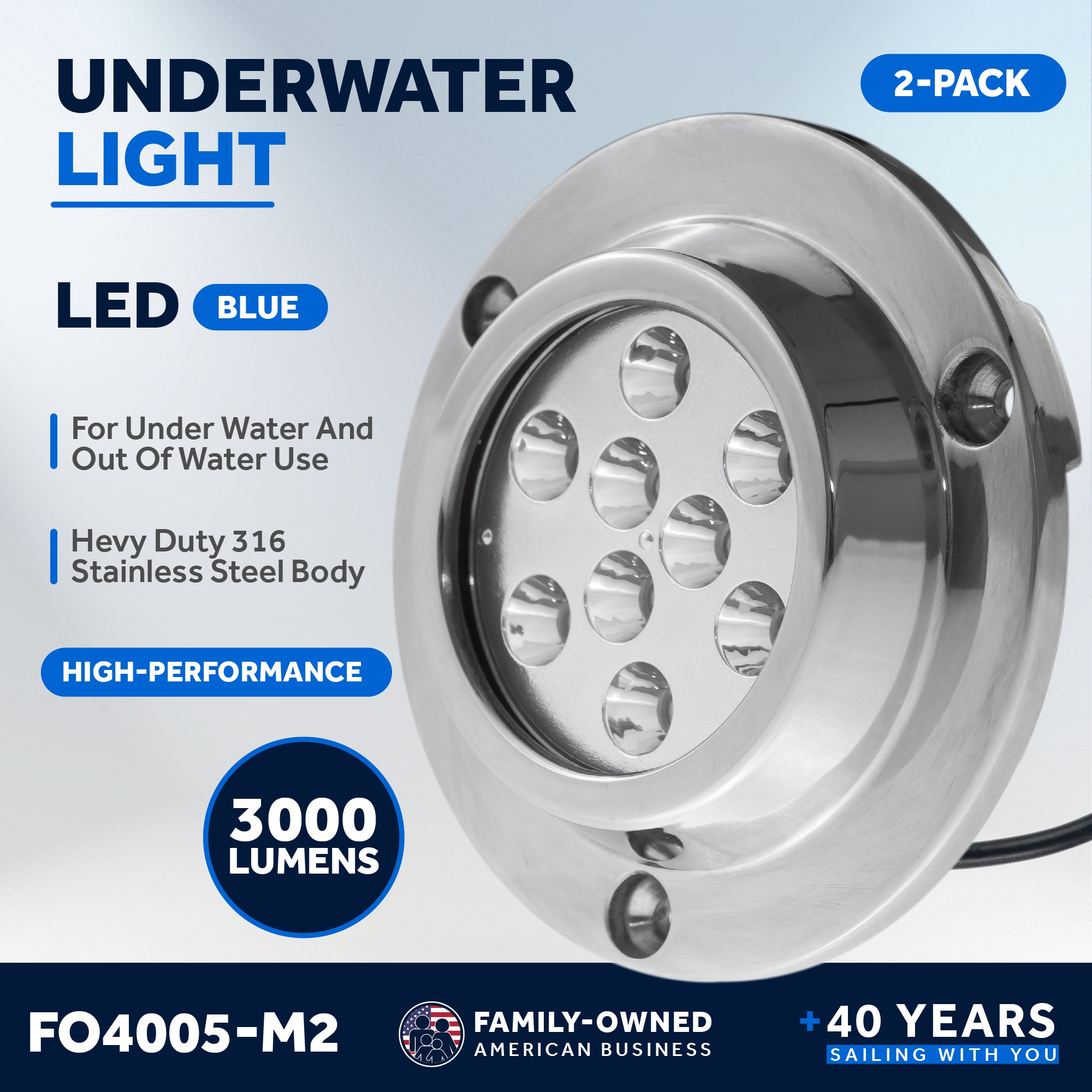 Underwater Boat Light, Stainless Steel, Blue LED, 2-Pack - FO4005-M2