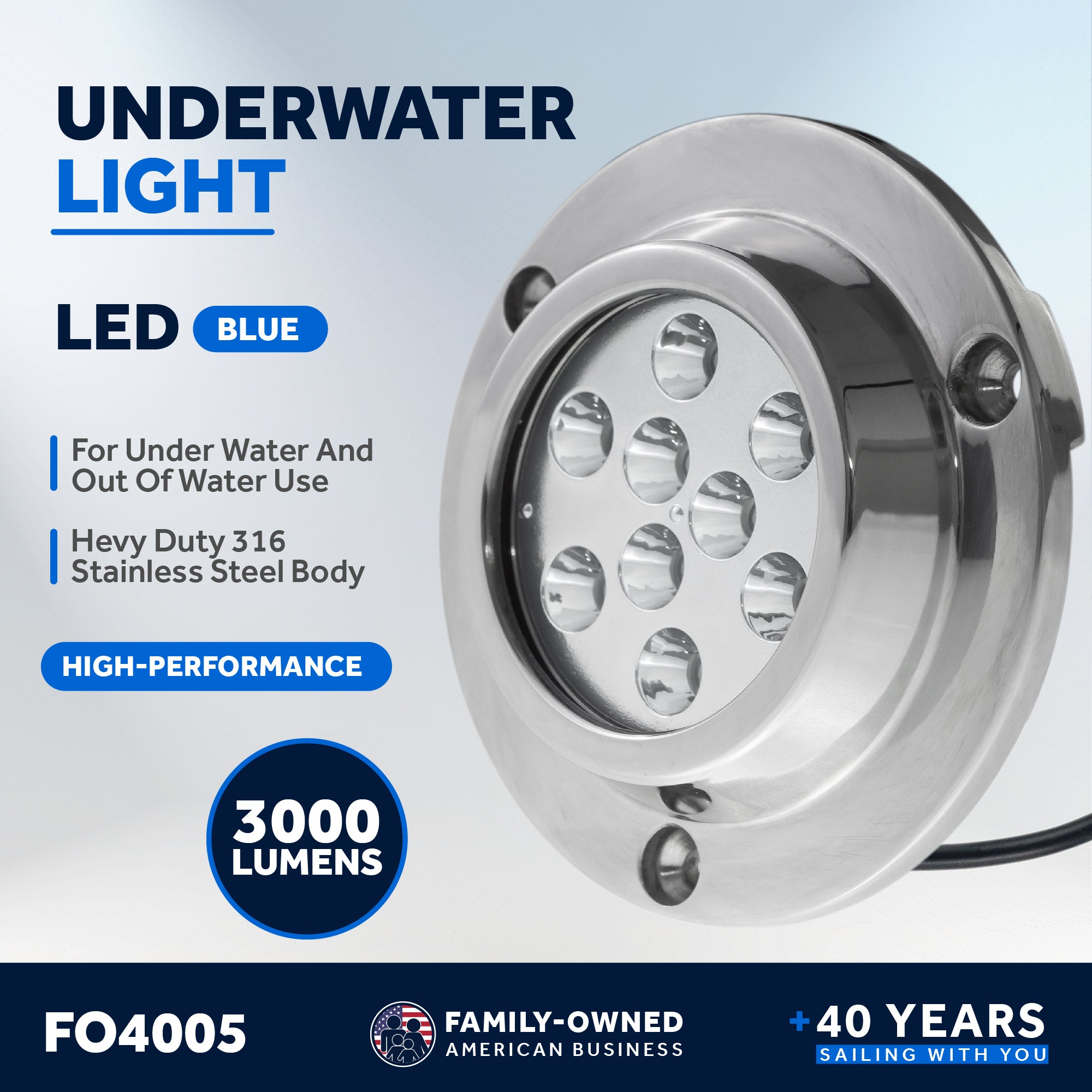 Underwater Boat Light,  Stainless Steel, Blue LED - FO4005