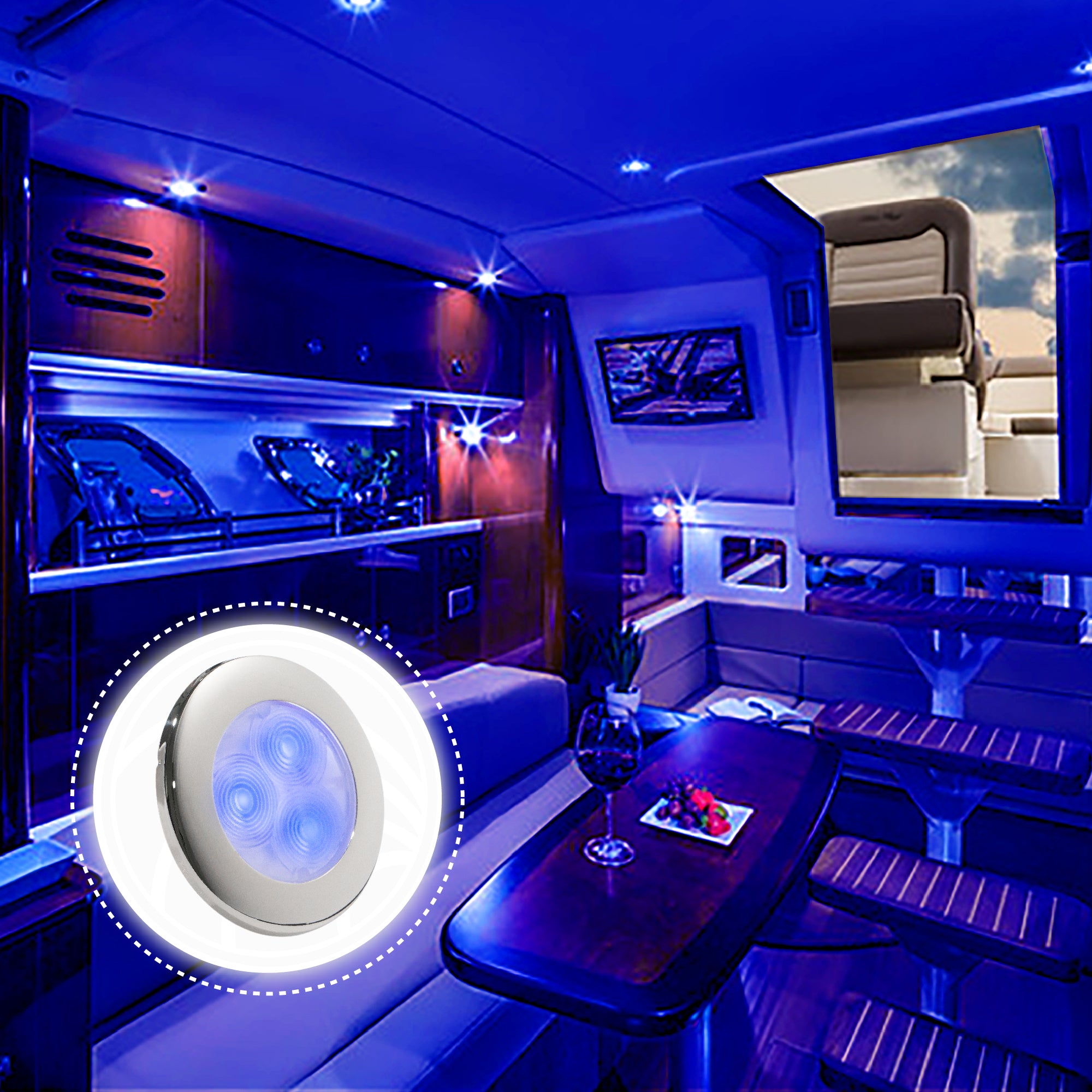 LED Ceiling Light, Round Cockpit, 3",  Blue LED - FO4135 - Five Oceans