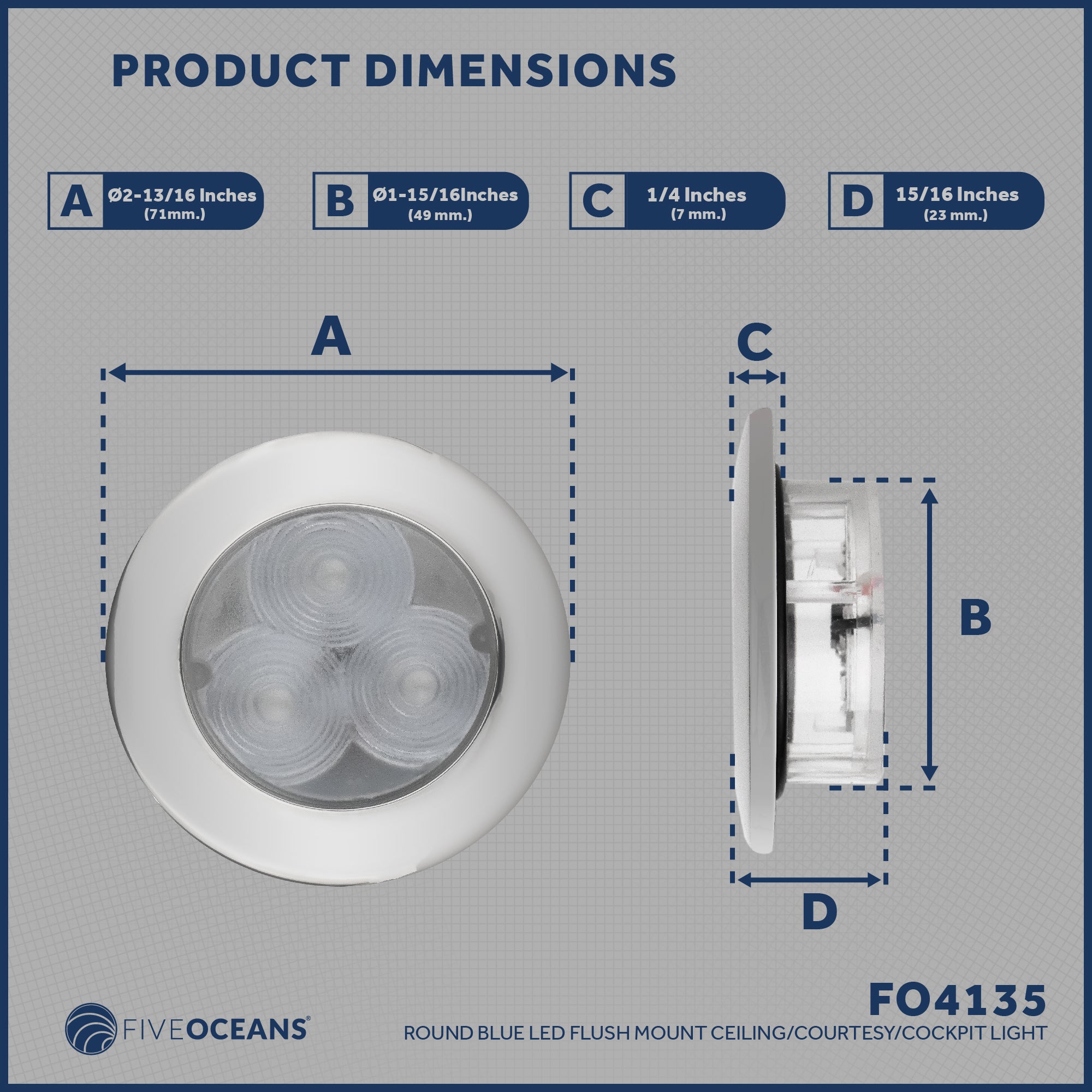 LED Ceiling Light, Round Cockpit, 3",  Blue LED - FO4135 - Five Oceans