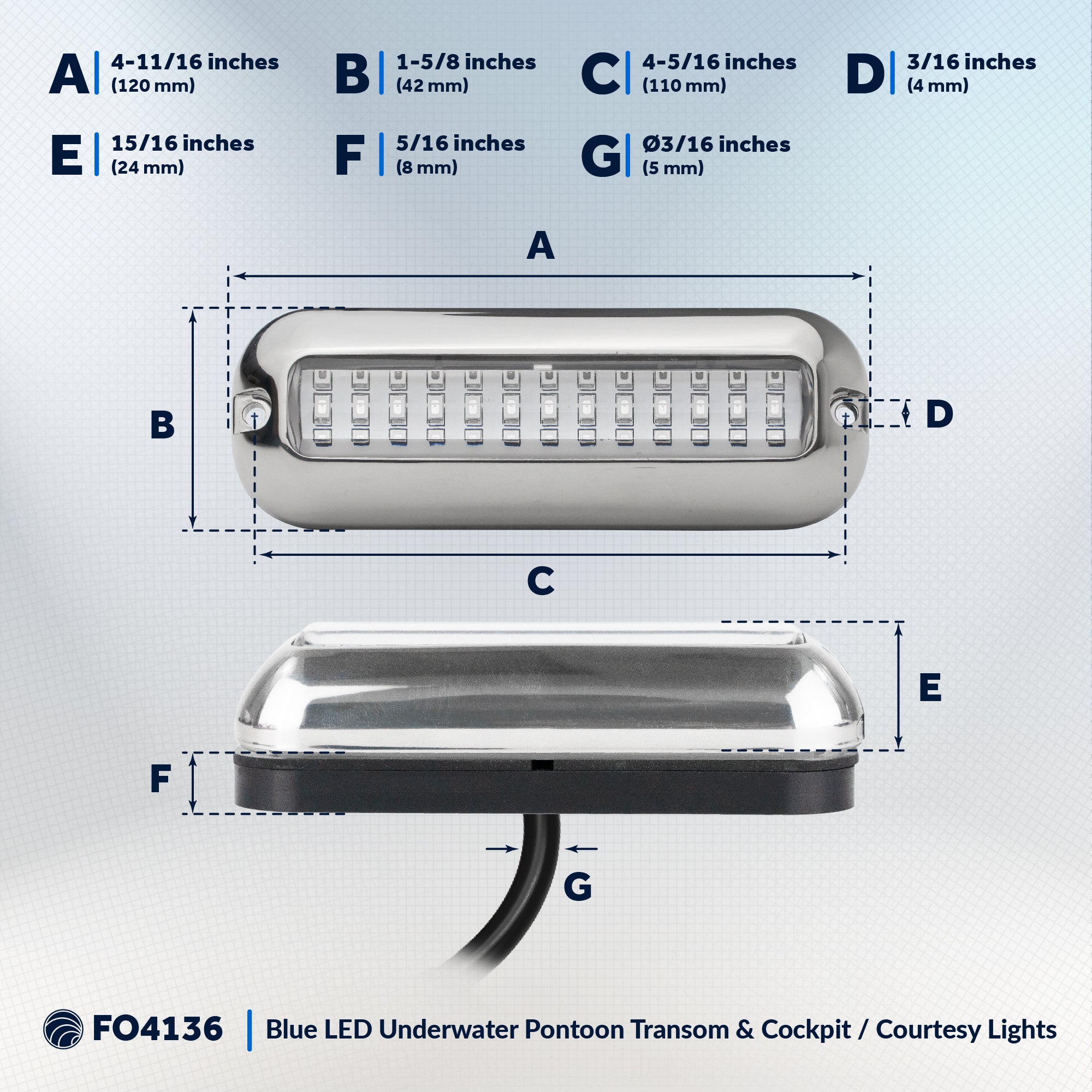 Underwater Transom Light, Stainless Steel, Blue LED - FO4136