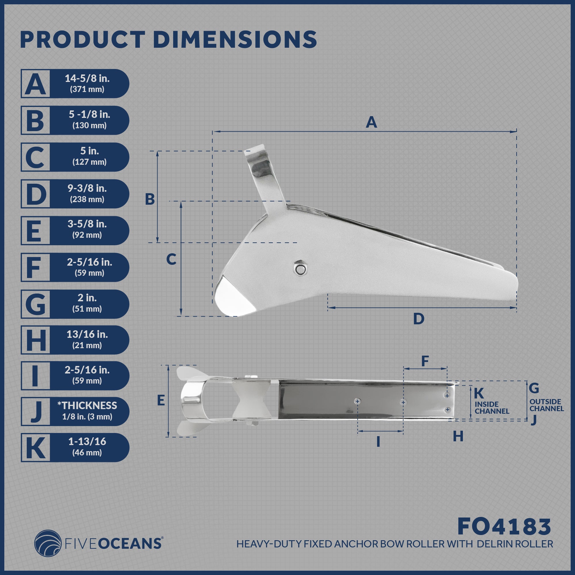 Fixed Anchor Bow Roller, Length 14-5/8", Stainless Steel - FO4183