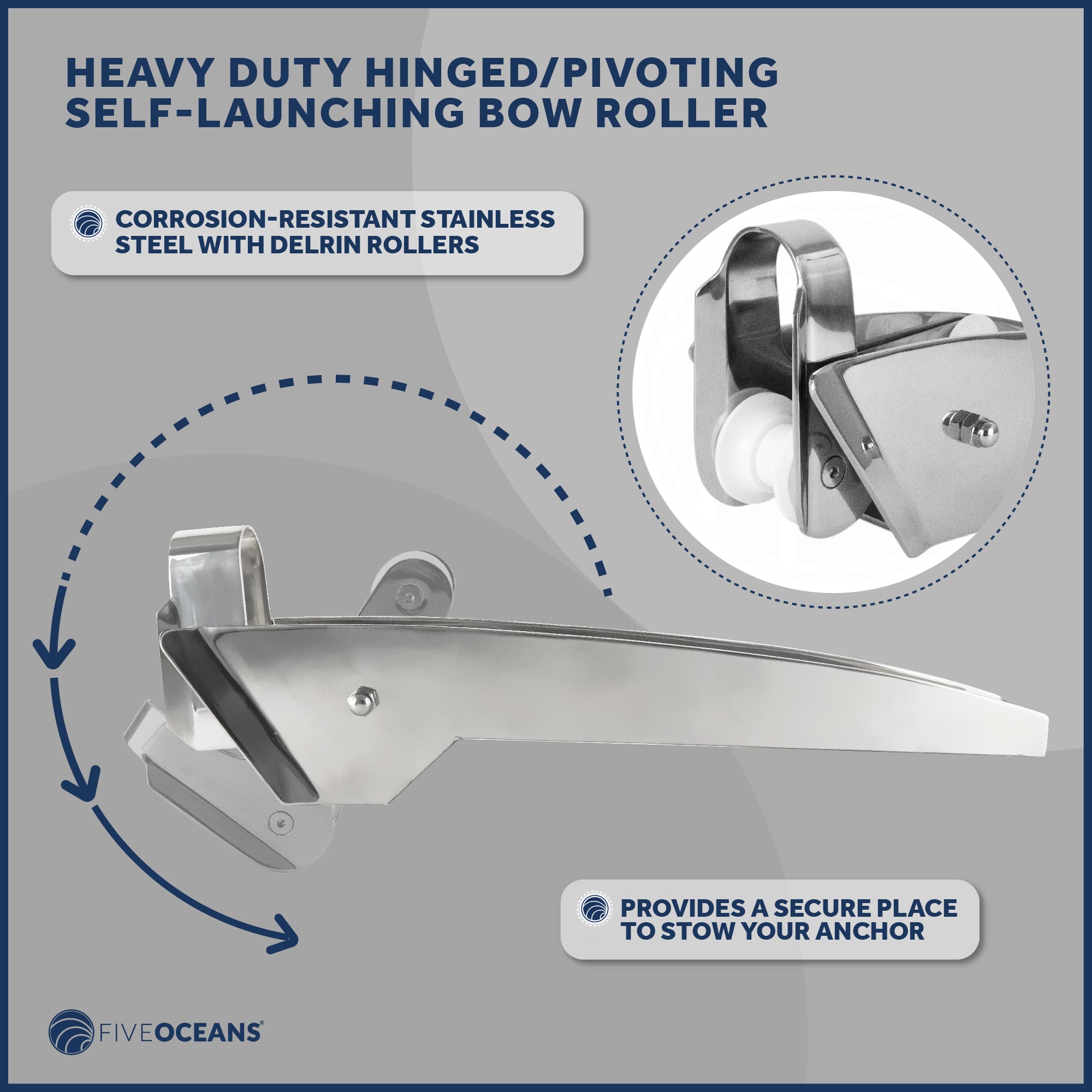 Pivoting Self-launching Anchor Bow Roller, Length 23", Stainless Steel - FO4185