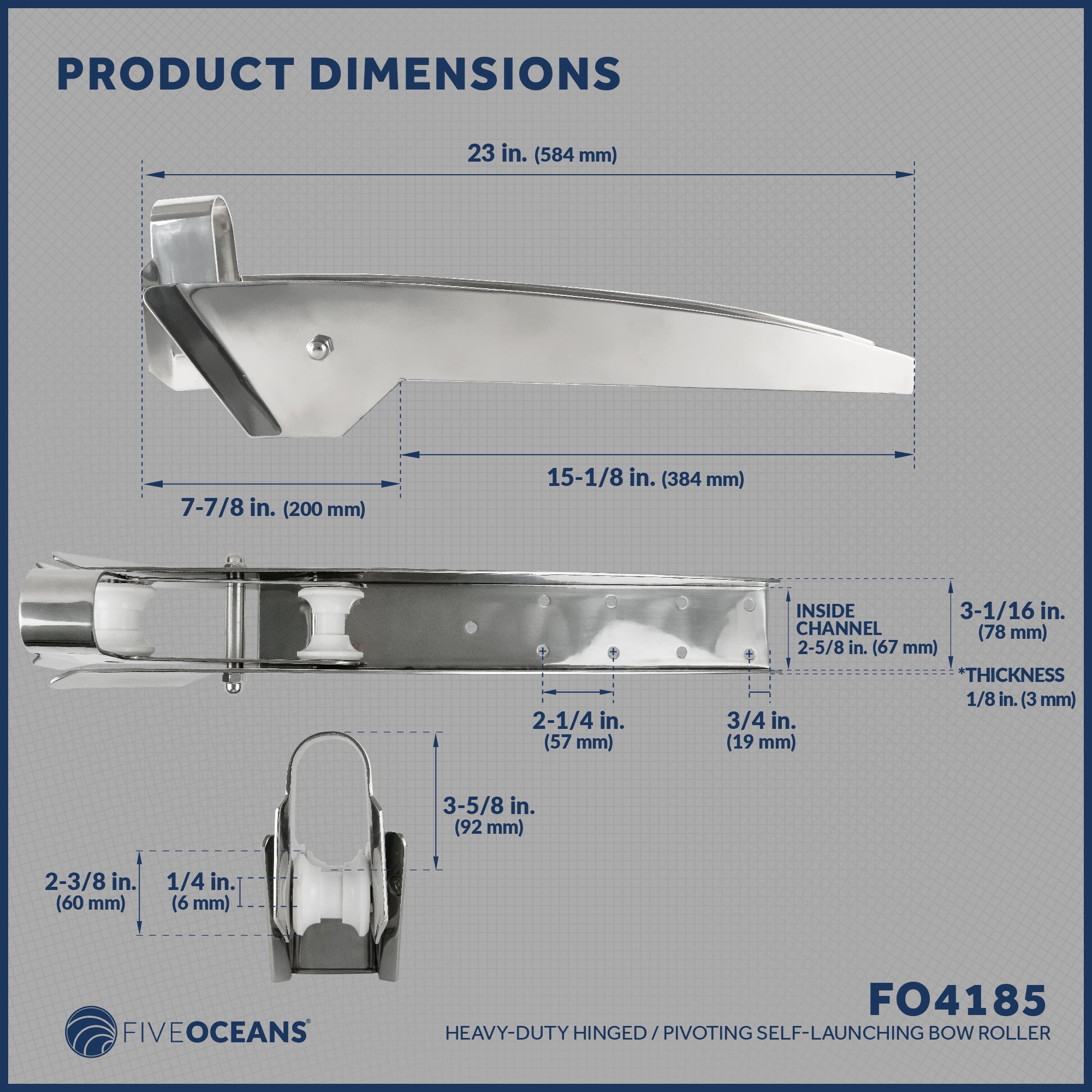 Pivoting Self-launching Anchor Bow Roller, Length 23", Stainless Steel - FO4185