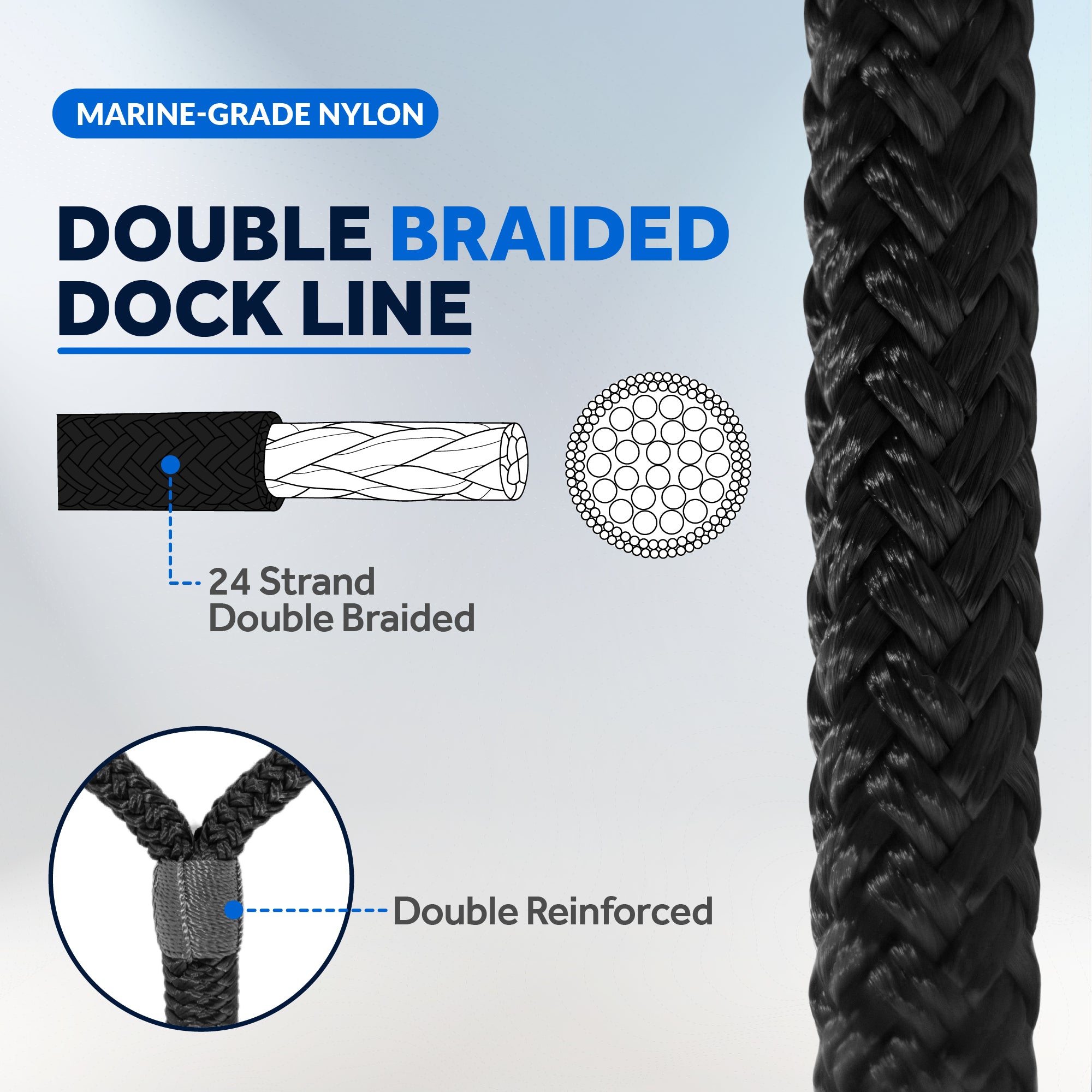 Dock Lines, 3/8" x 15', Black Nylon Double Braided with 12" Eyelet, 4 Pack - FO4272-M4